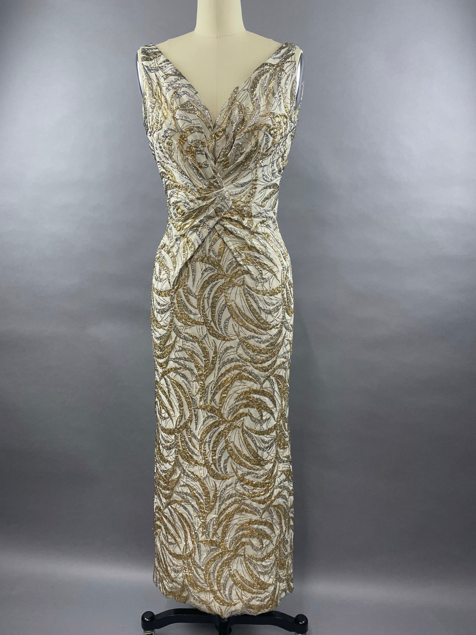 1950s Ceil Chapman Silver and Gold Evening Gown Size M