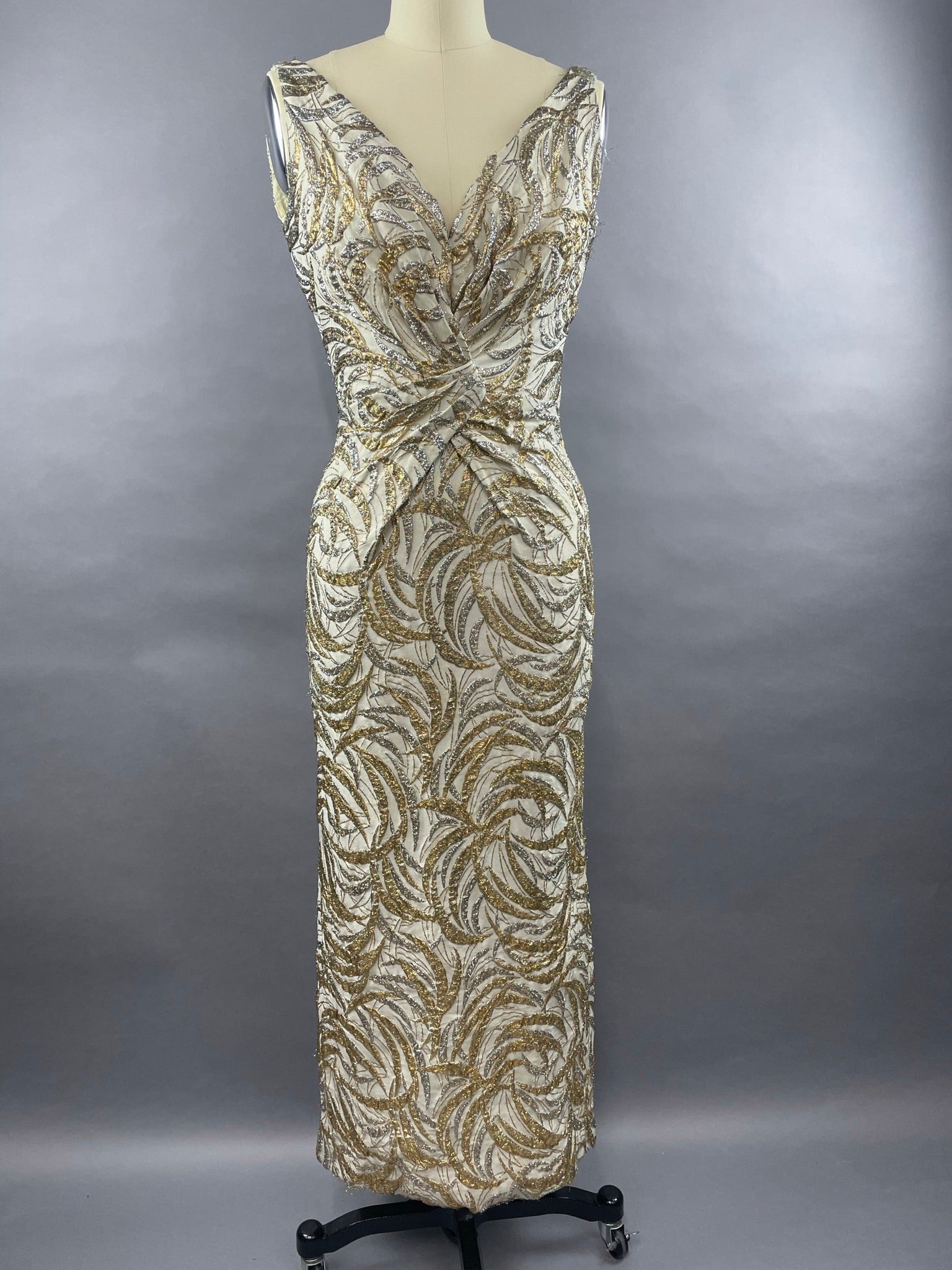 1950s Ceil Chapman Silver and Gold Evening Gown Size M