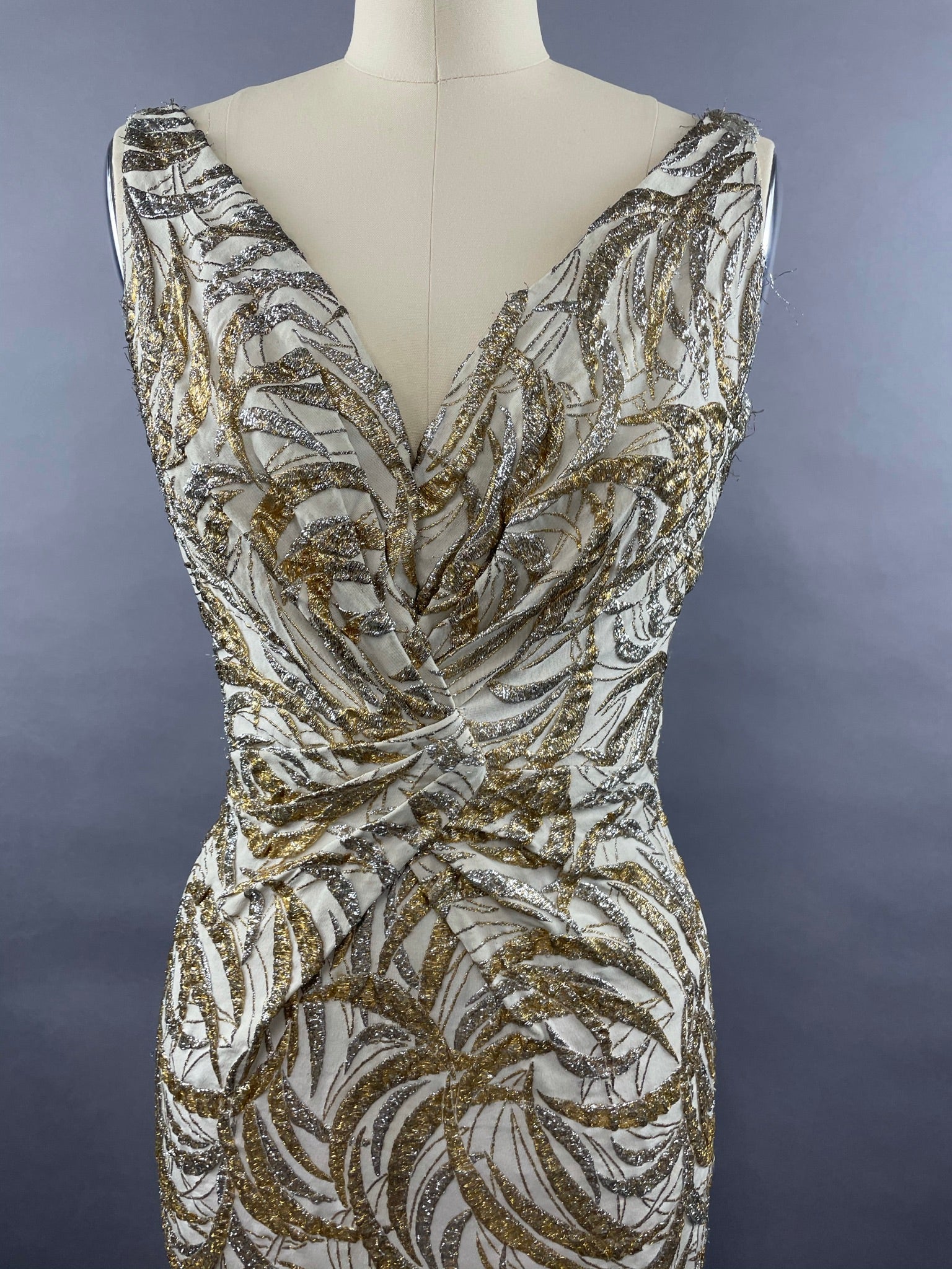 1950s Ceil Chapman Silver and Gold Evening Gown Size M