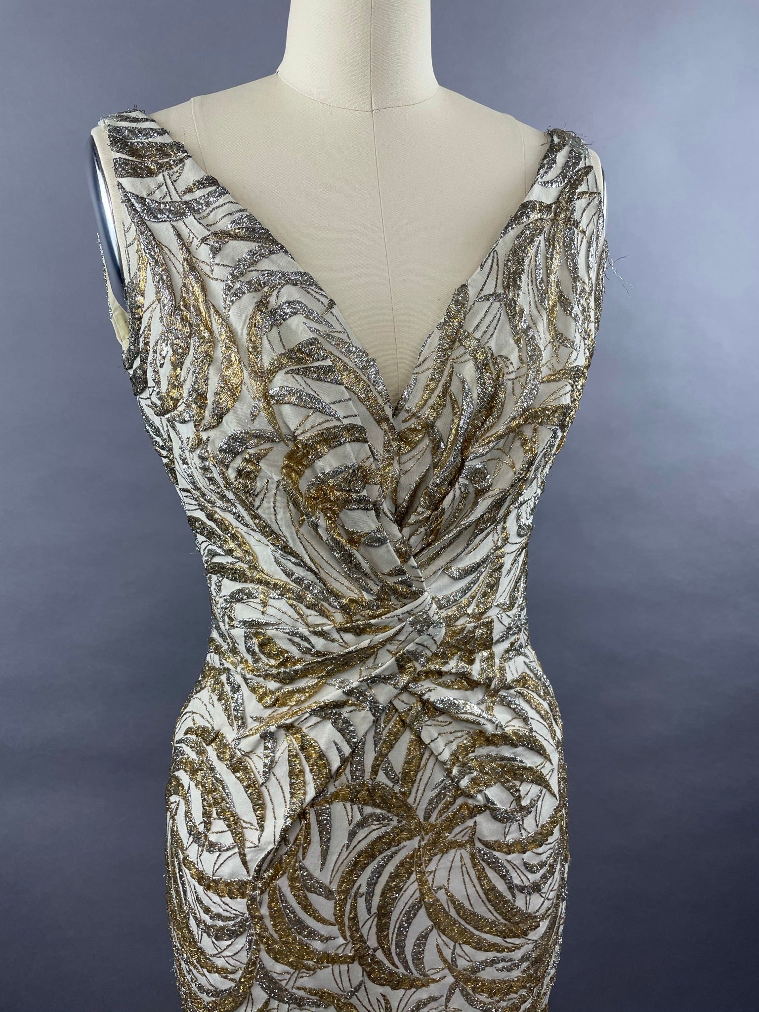 1950s Ceil Chapman Silver and Gold Evening Gown Size M