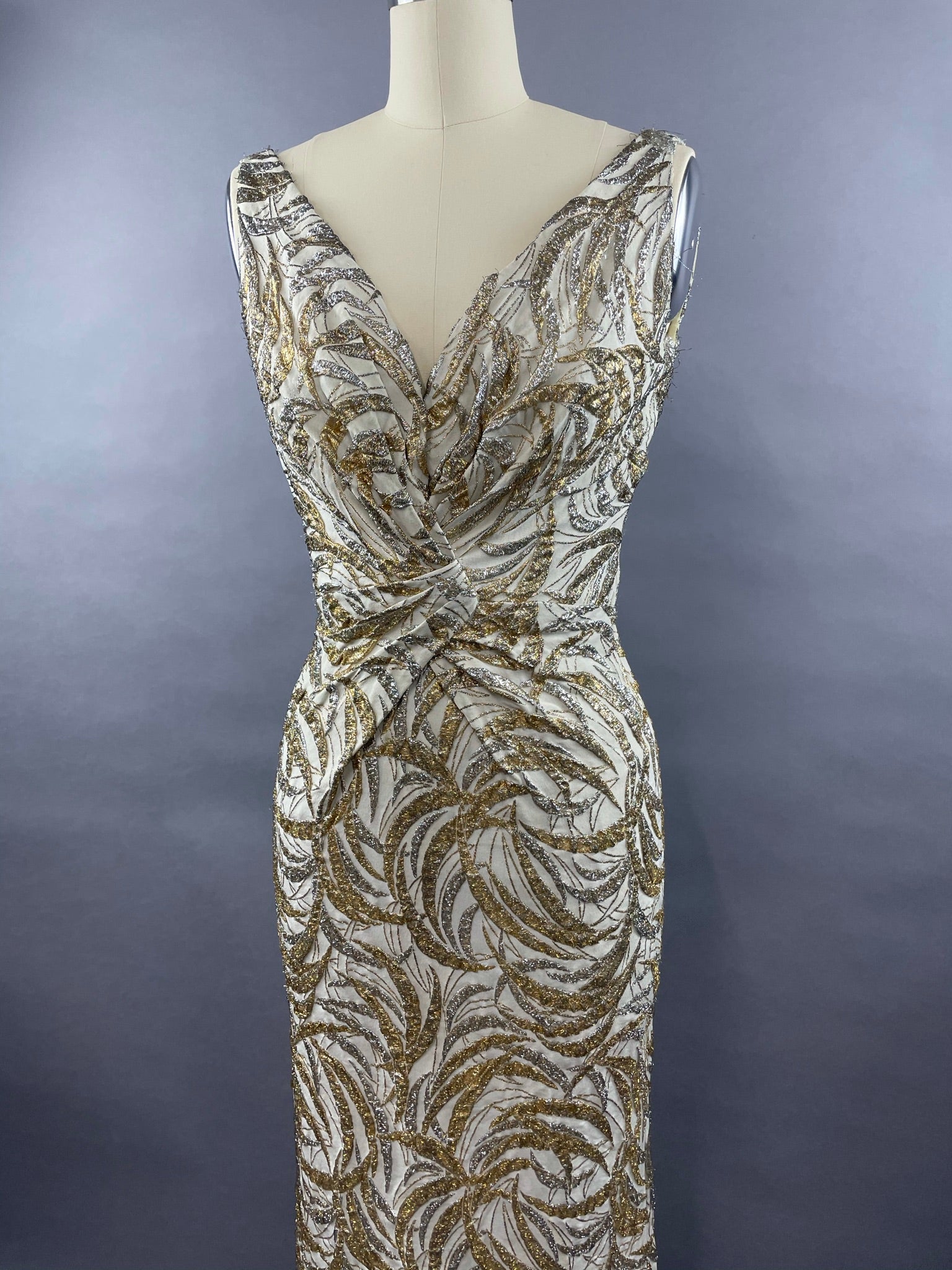 1950s Ceil Chapman Silver and Gold Evening Gown Size M