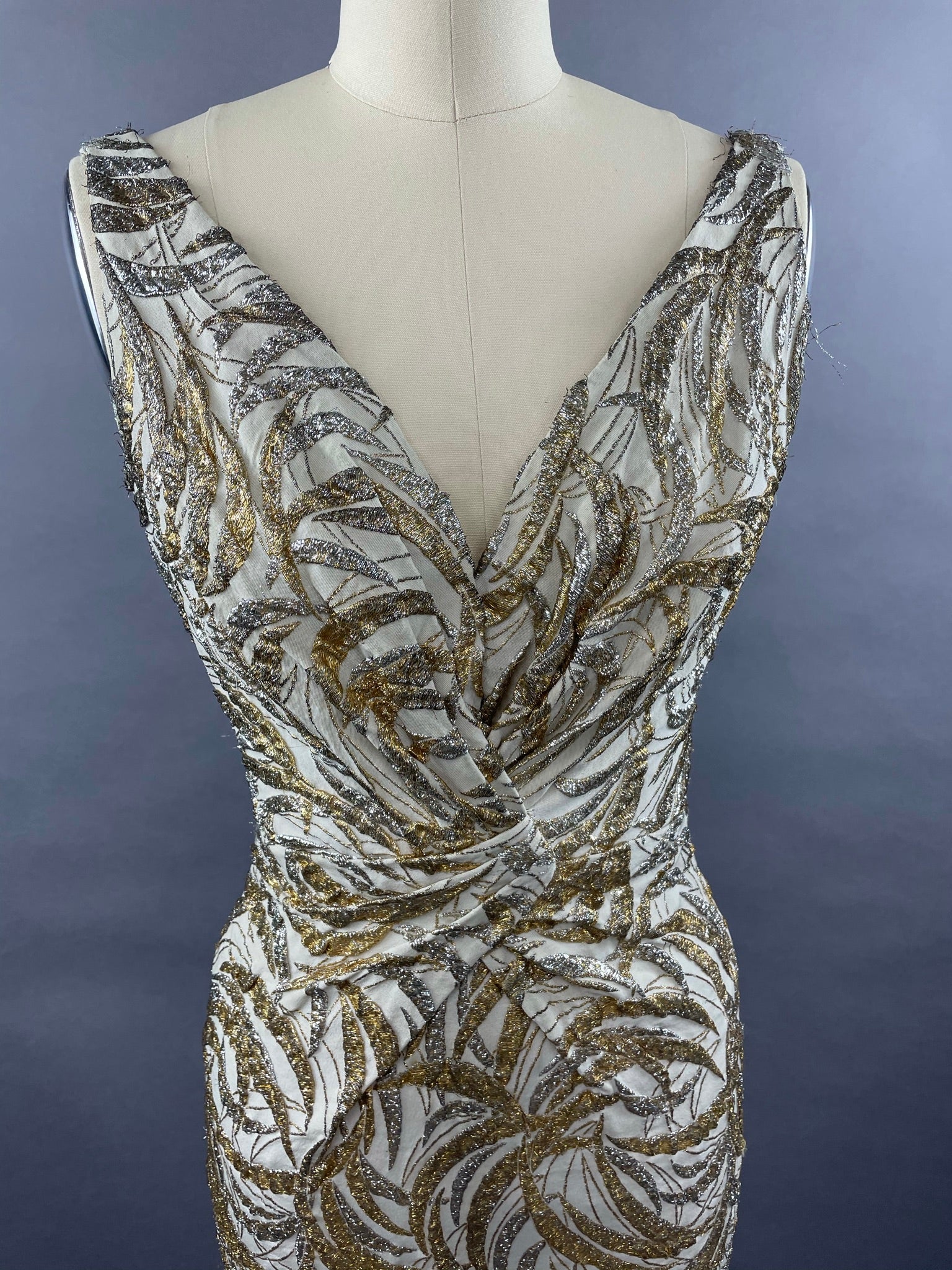 1950s Ceil Chapman Silver and Gold Evening Gown Size M