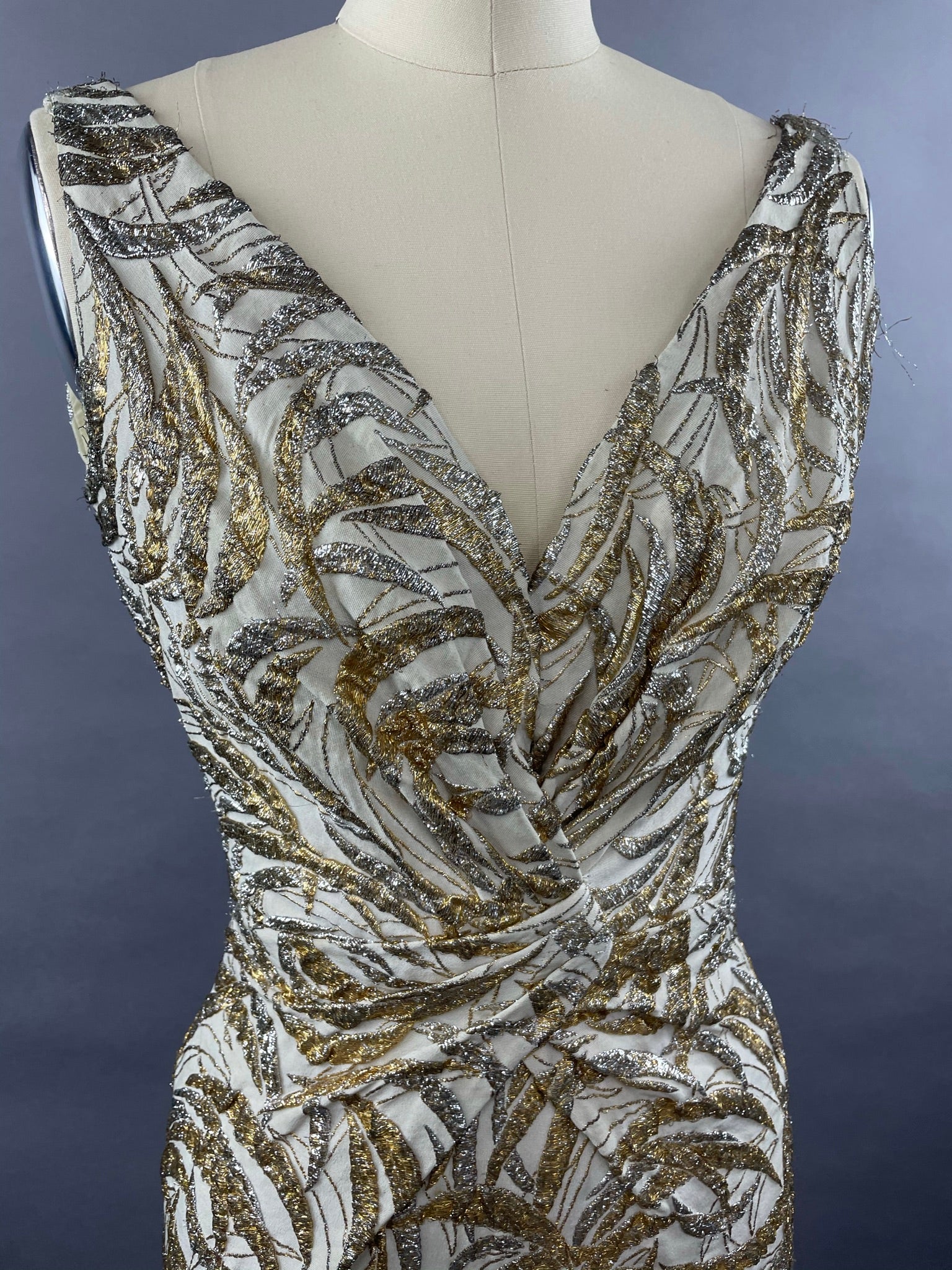 1950s Ceil Chapman Silver and Gold Evening Gown Size M