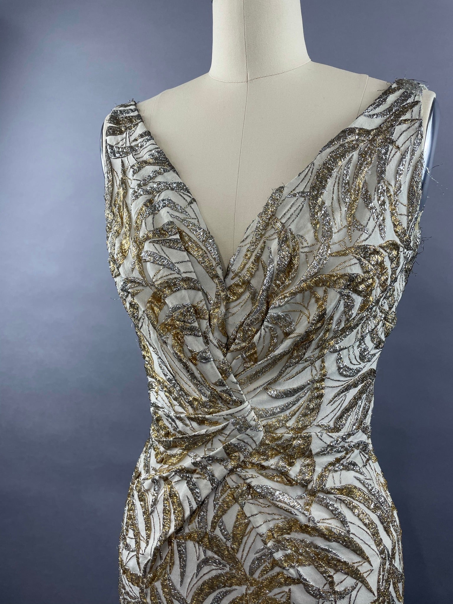 1950s Ceil Chapman Silver and Gold Evening Gown Size M