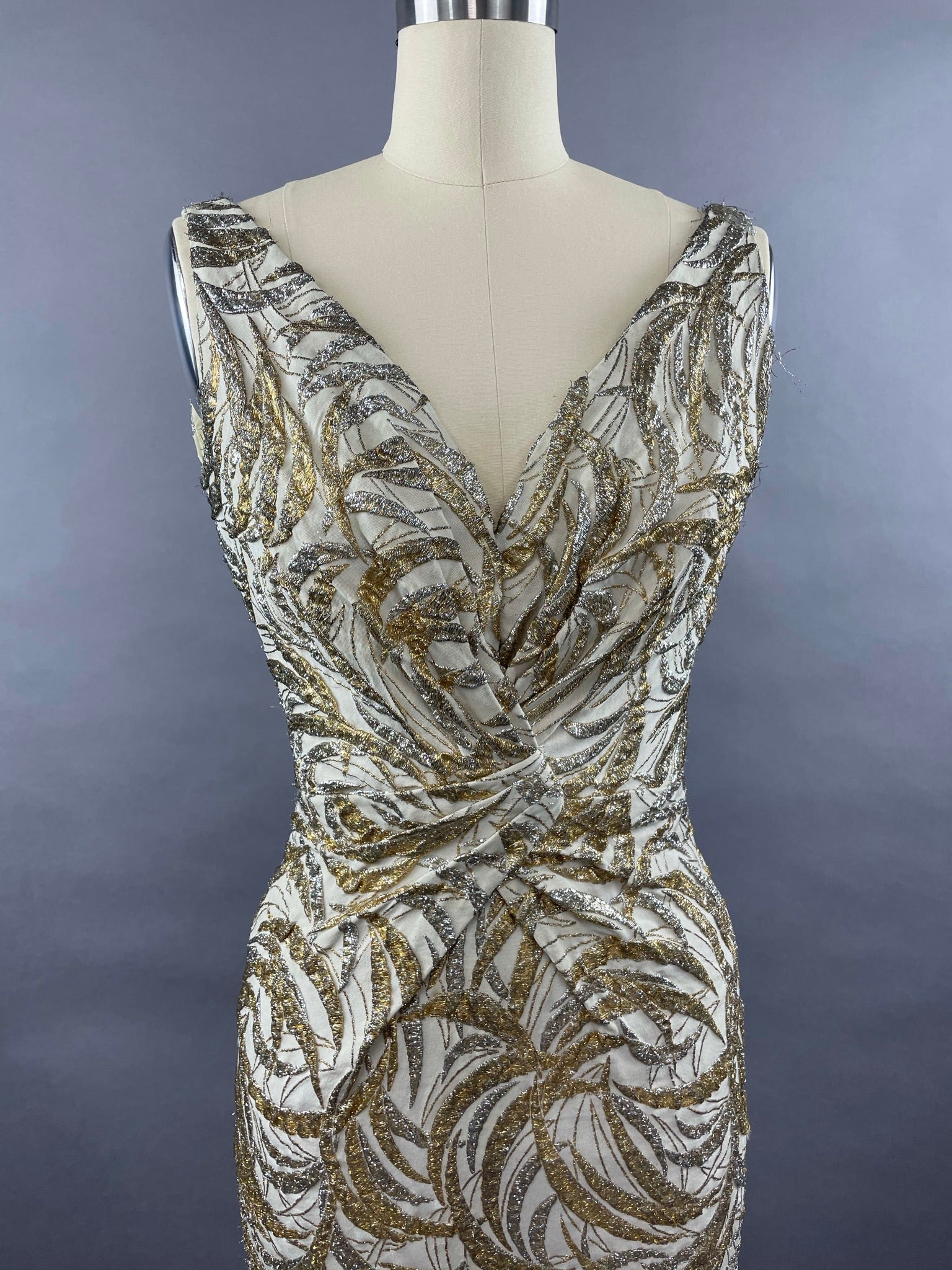 1950s Ceil Chapman Silver and Gold Evening Gown Size M