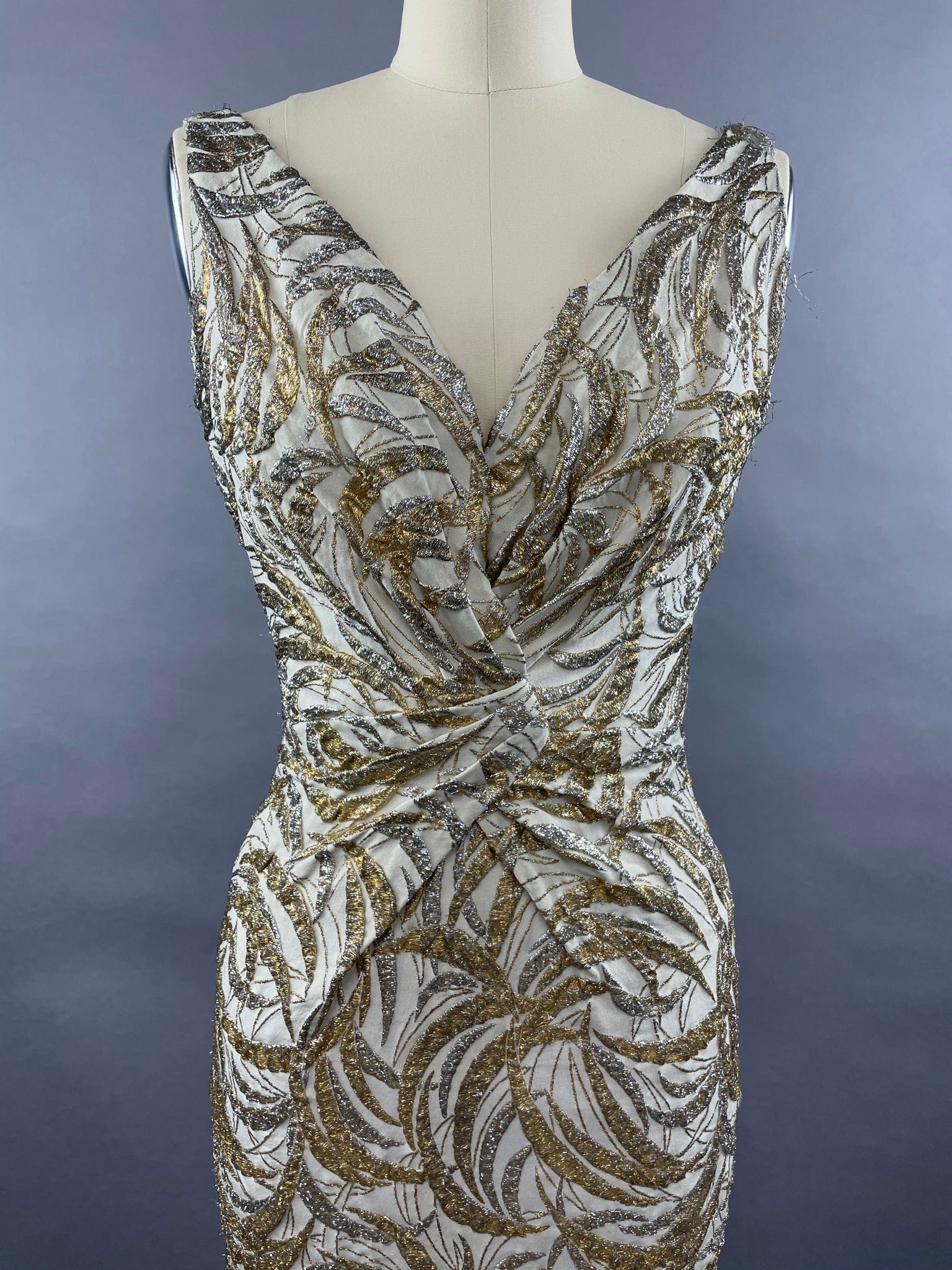 1950s Ceil Chapman Silver and Gold Evening Gown Size M