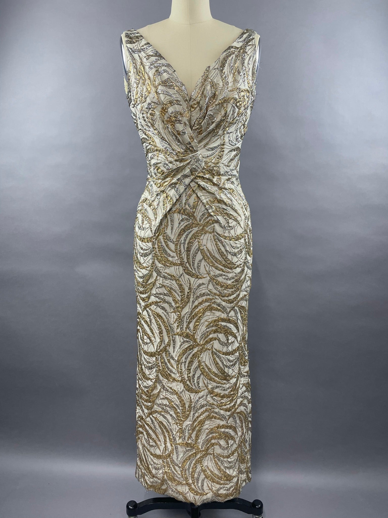 1950s Ceil Chapman Silver and Gold Evening Gown Size M