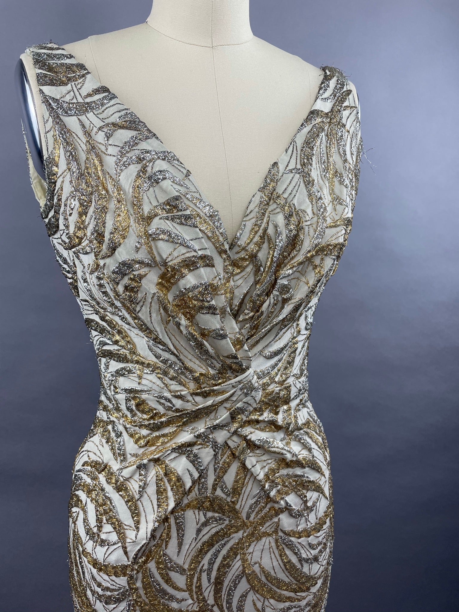 1950s Ceil Chapman Silver and Gold Evening Gown Size M