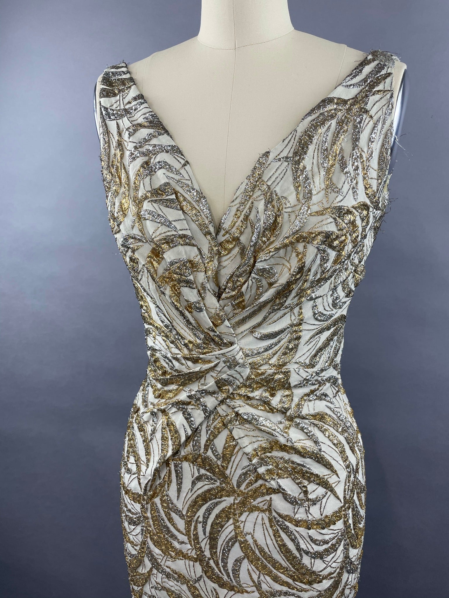 1950s Ceil Chapman Silver and Gold Evening Gown Size M