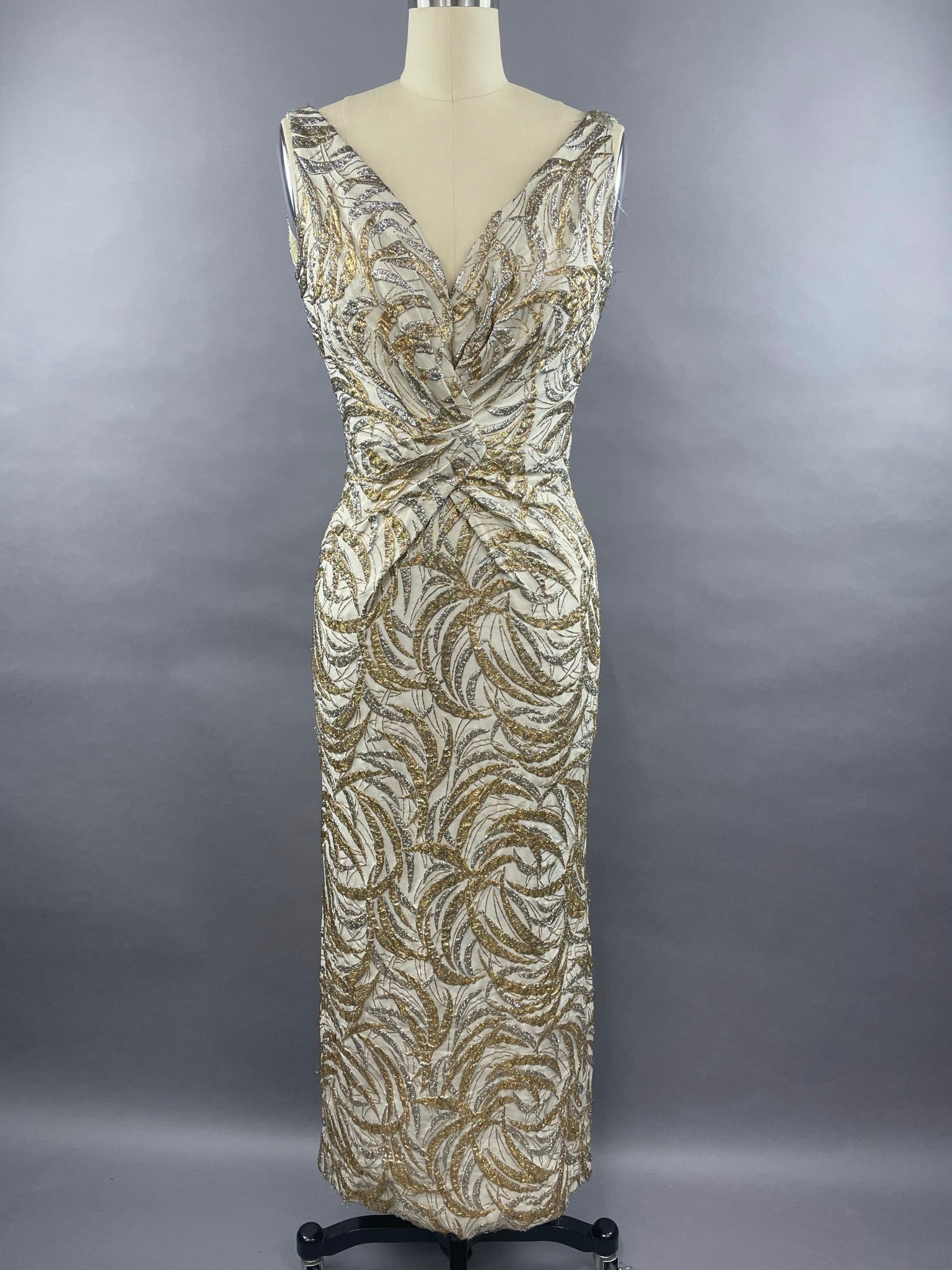 1950s Ceil Chapman Silver and Gold Evening Gown Size M