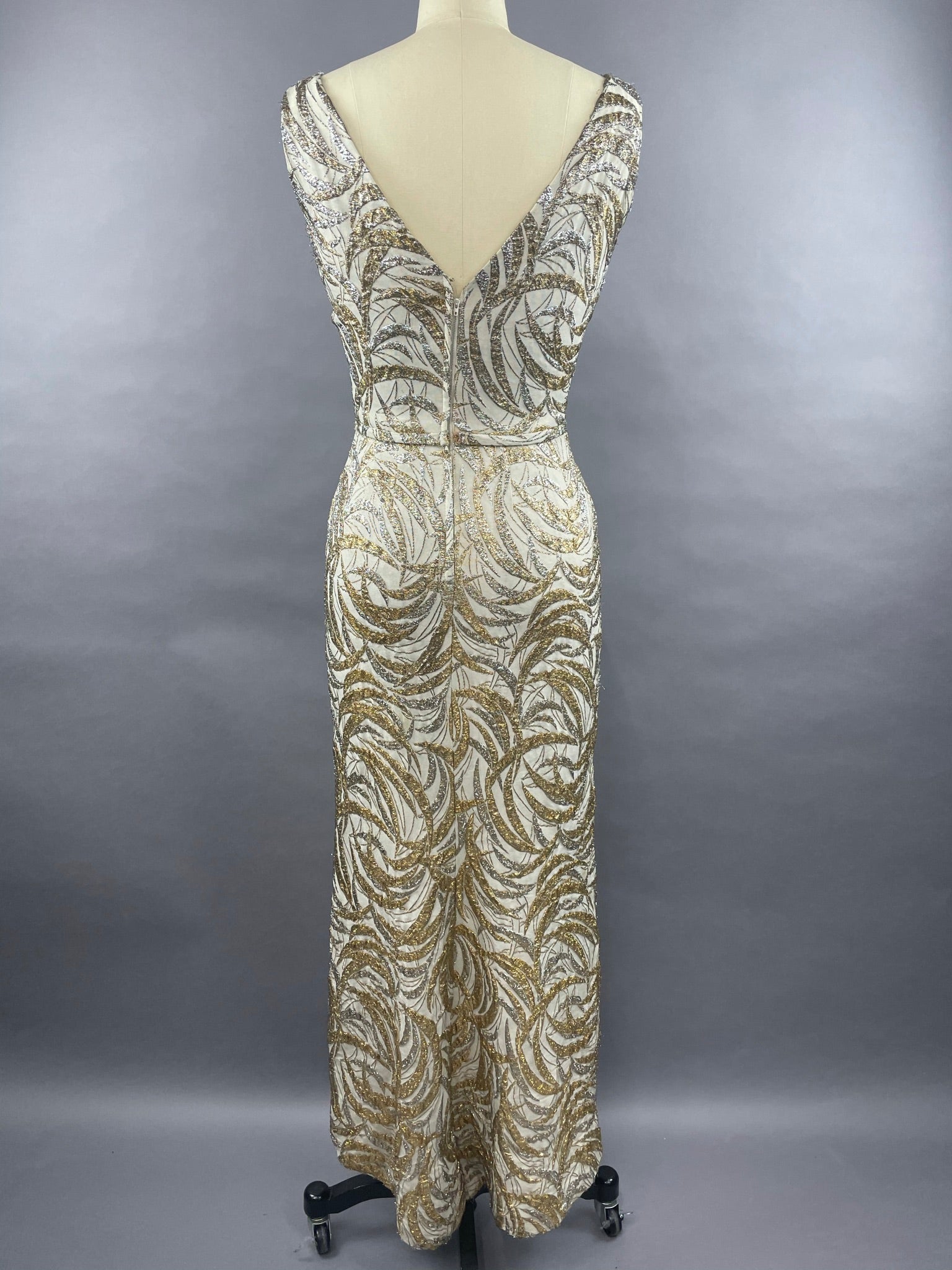 1950s Ceil Chapman Silver and Gold Evening Gown Size M