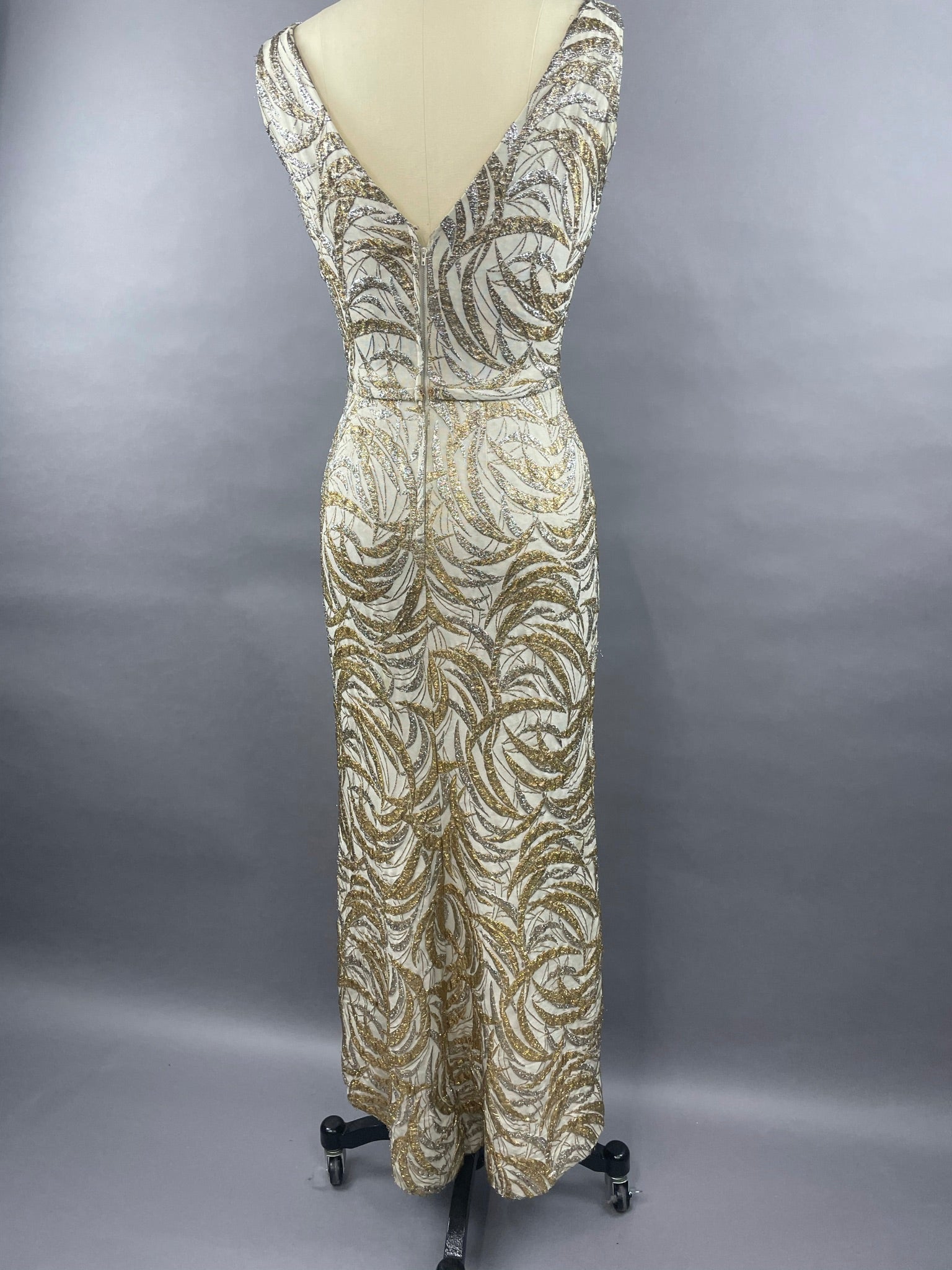 1950s Ceil Chapman Silver and Gold Evening Gown Size M