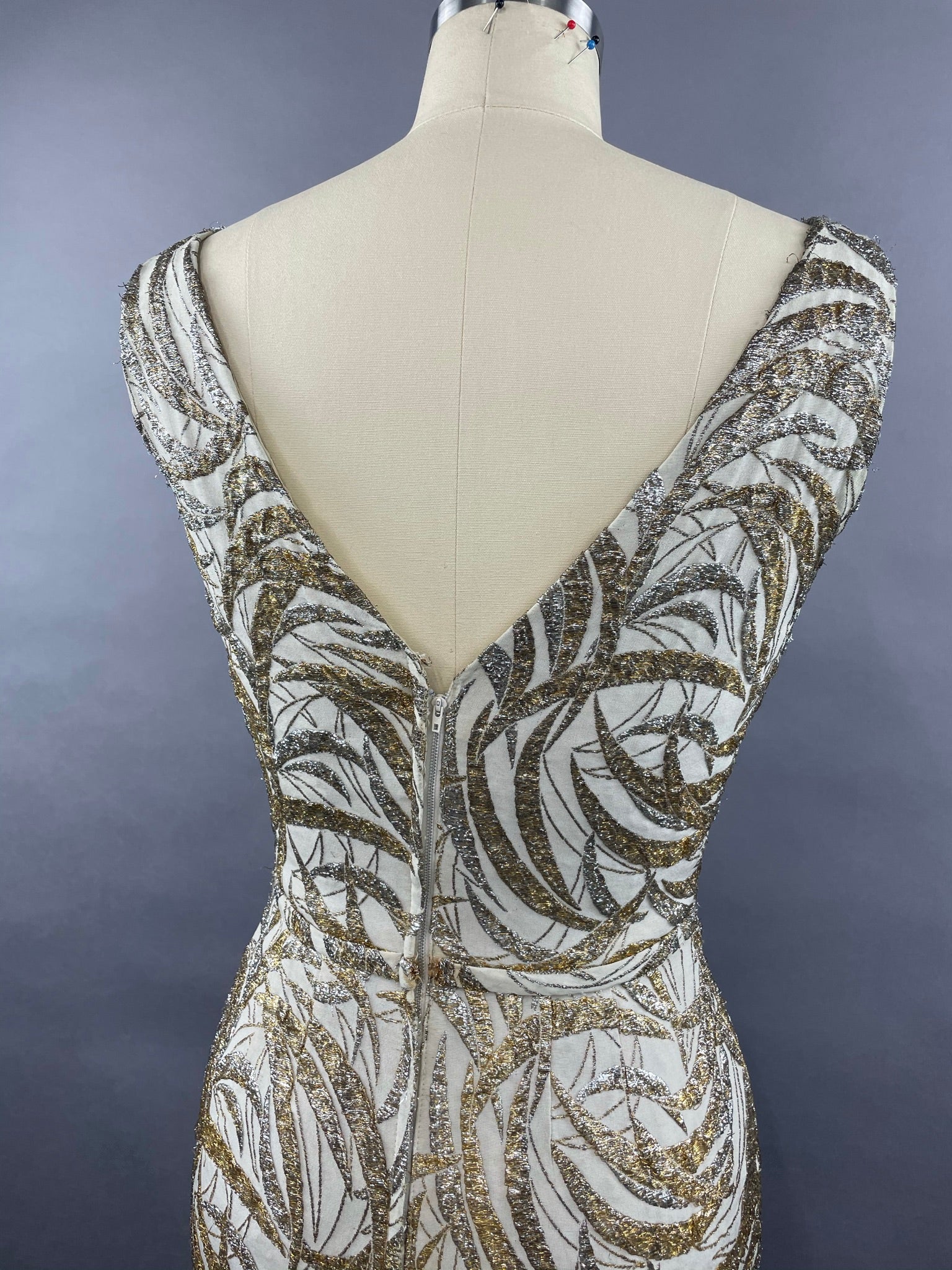 1950s Ceil Chapman Silver and Gold Evening Gown Size M