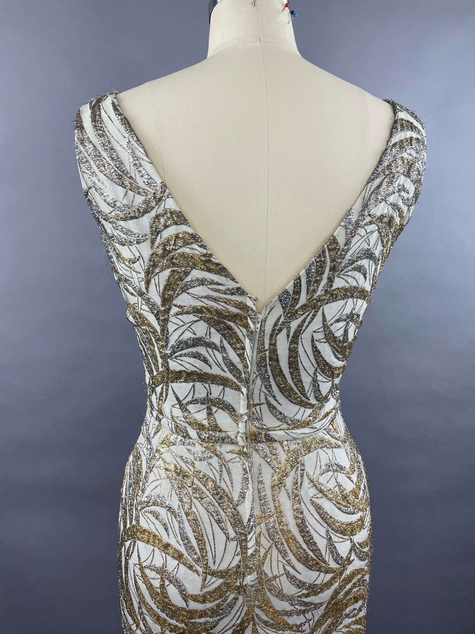 1950s Ceil Chapman Silver and Gold Evening Gown Size M