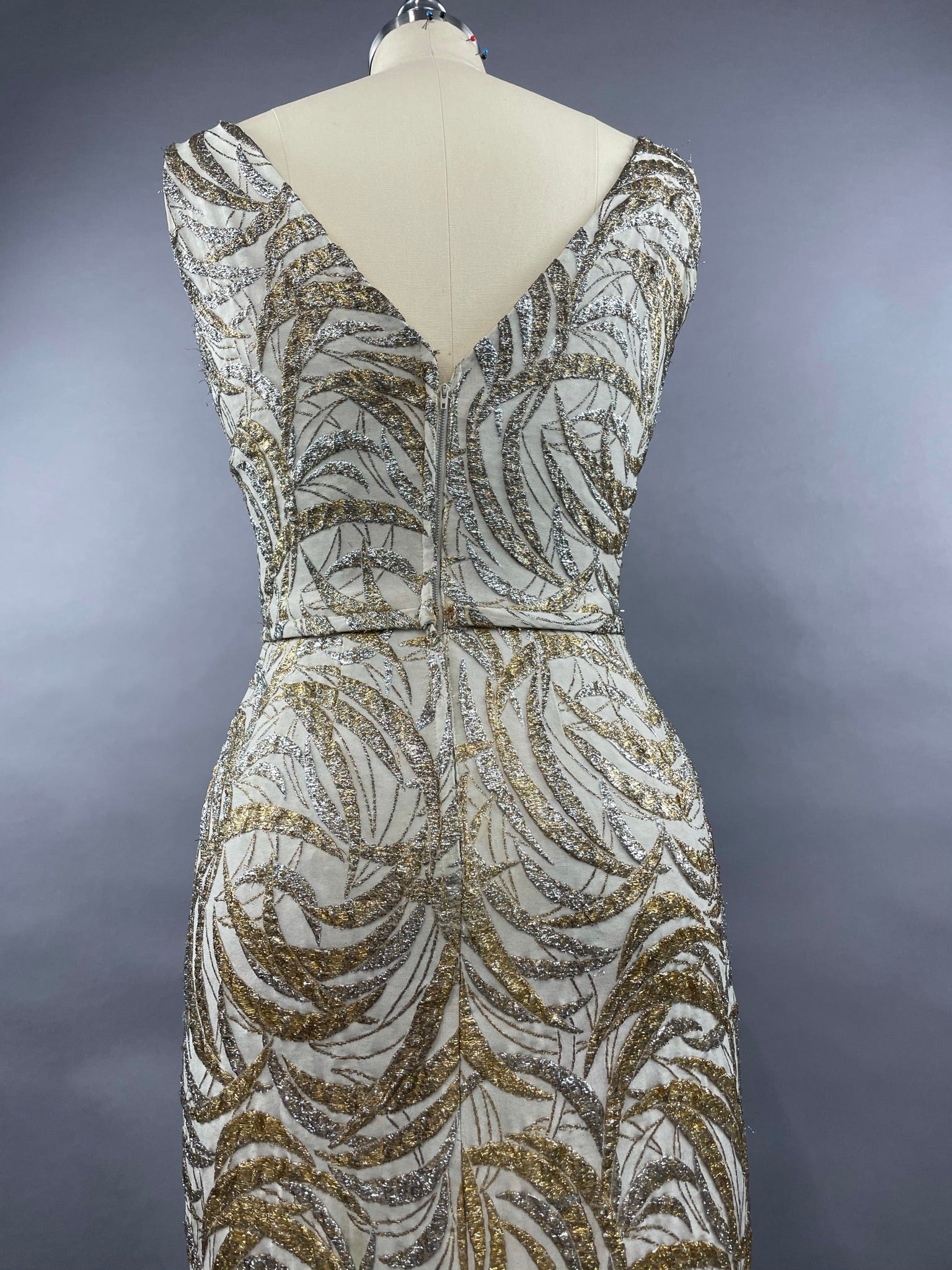 1950s Ceil Chapman Silver and Gold Evening Gown Size M