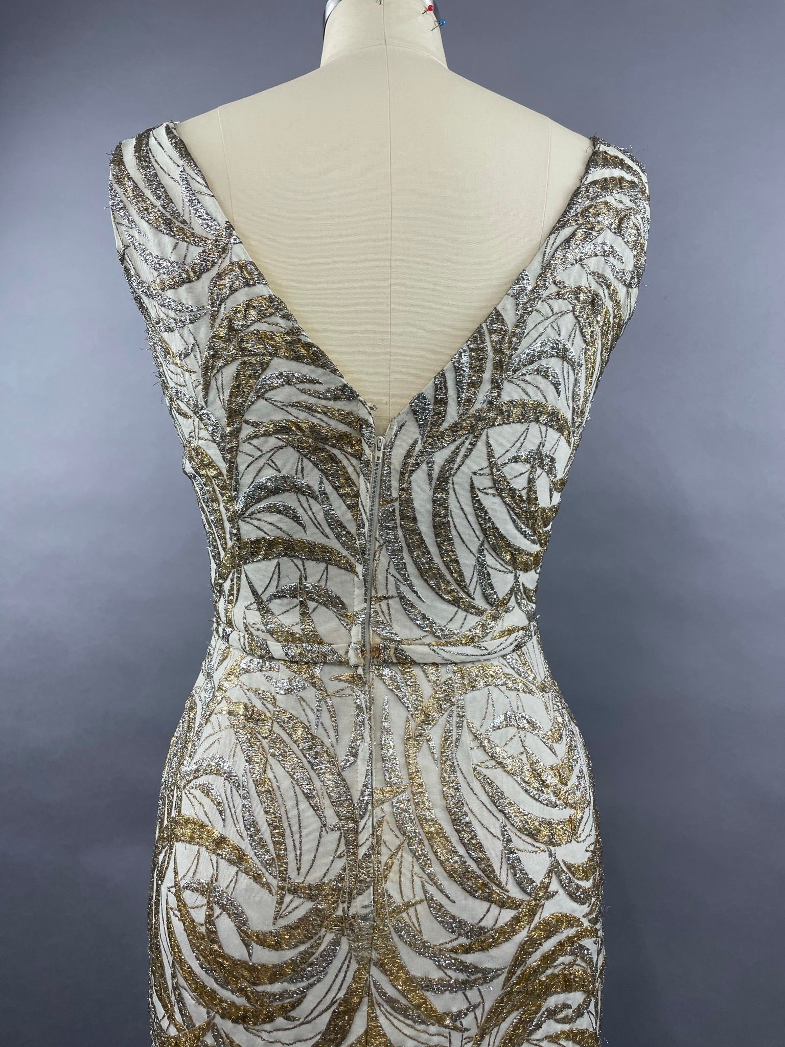 1950s Ceil Chapman Silver and Gold Evening Gown Size M