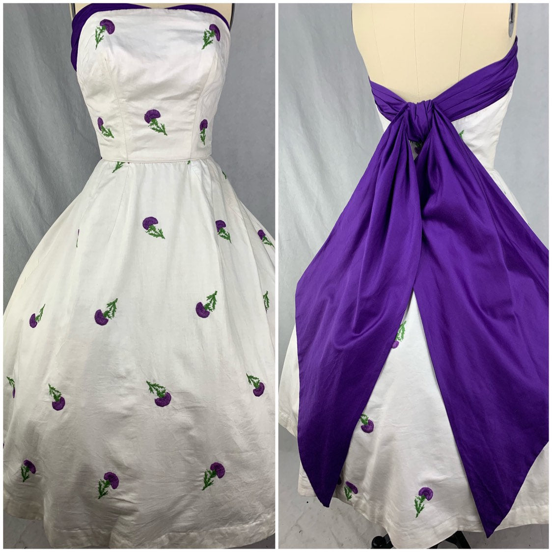 1950s Purple Embroidered Thistles Dress Size S