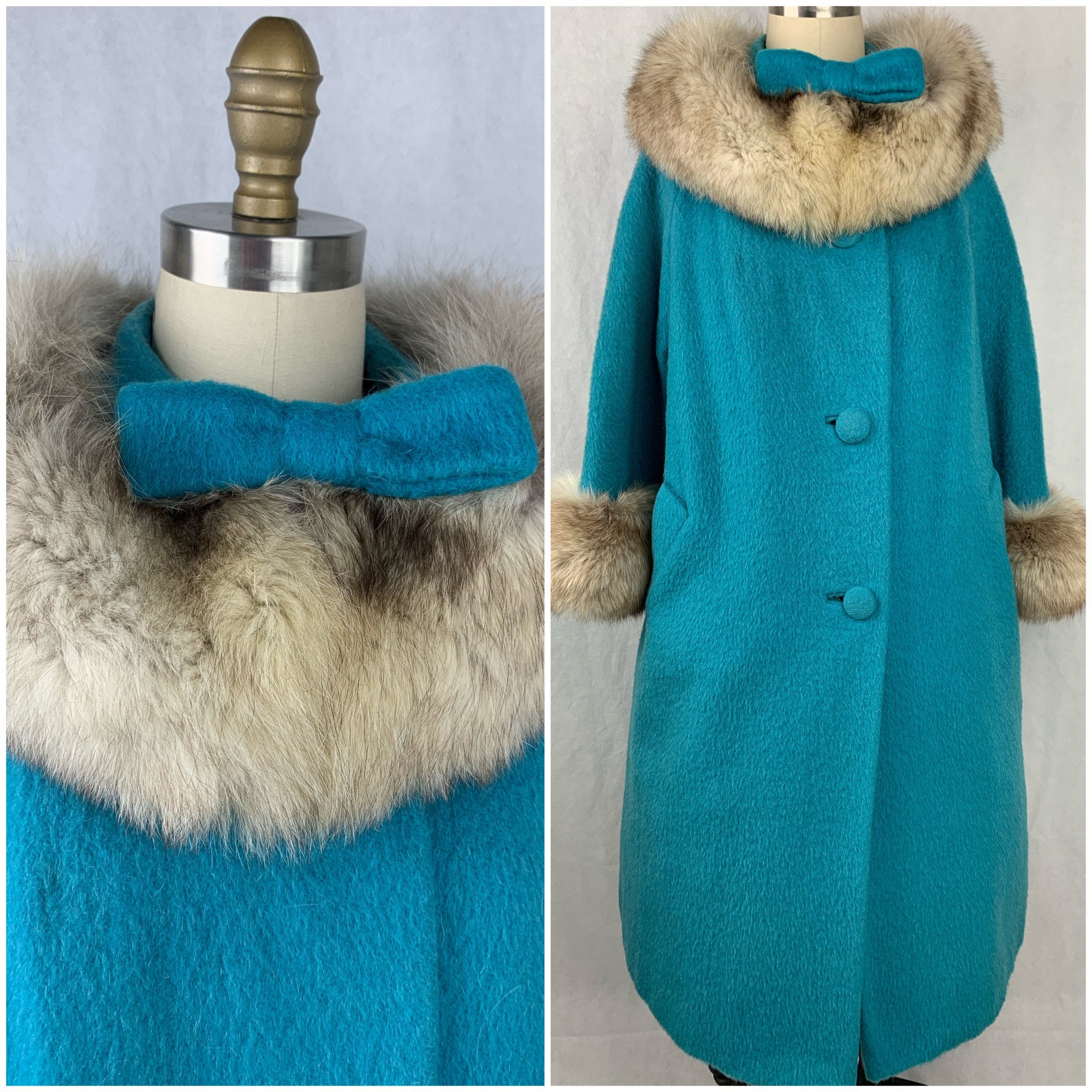 1960s Teal Lilli Ann Coat with fox fur and cuffs with tags Size L Size XL