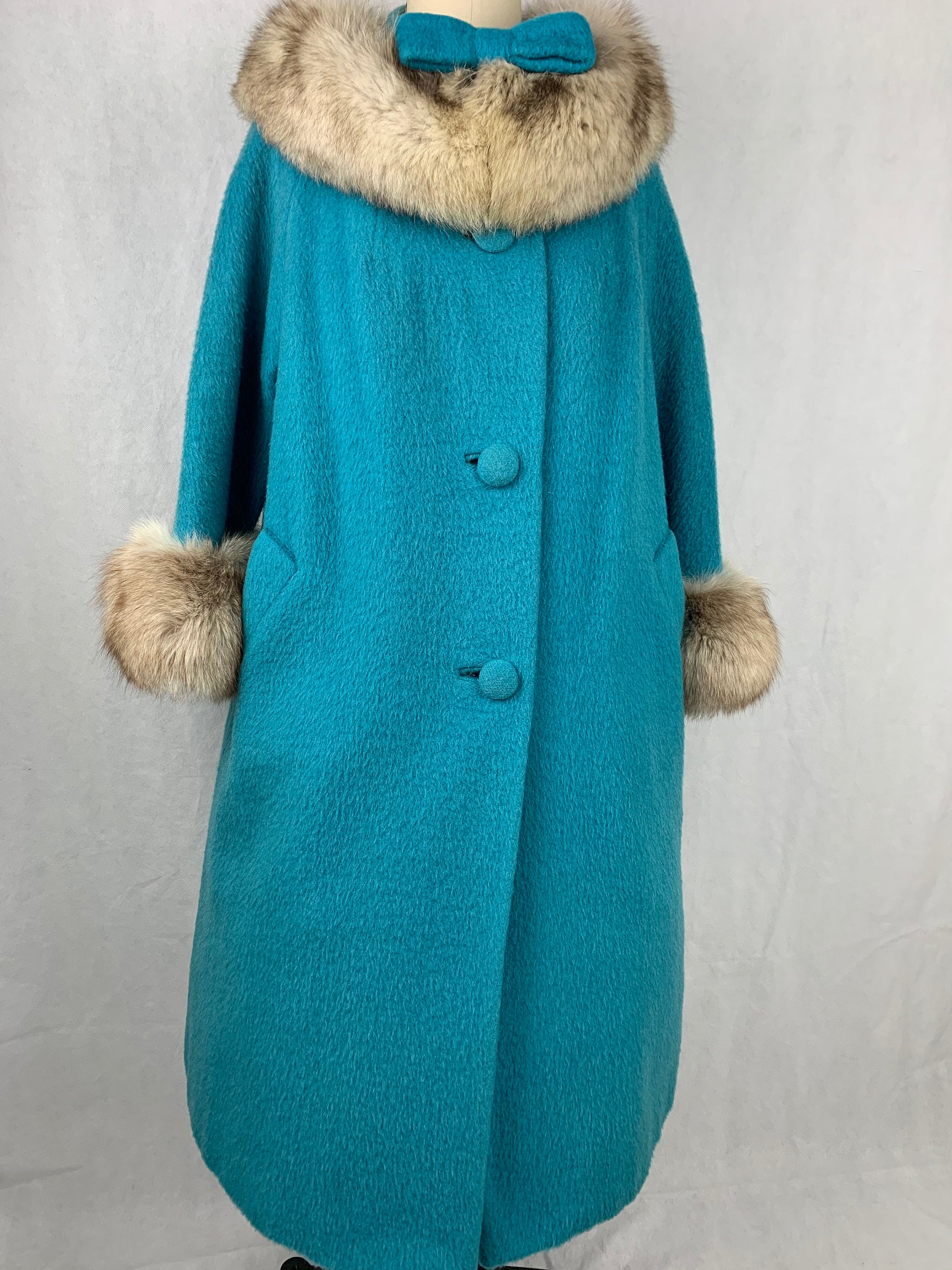 1960s Teal Lilli Ann Coat with fox fur and cuffs with tags Size L Size XL