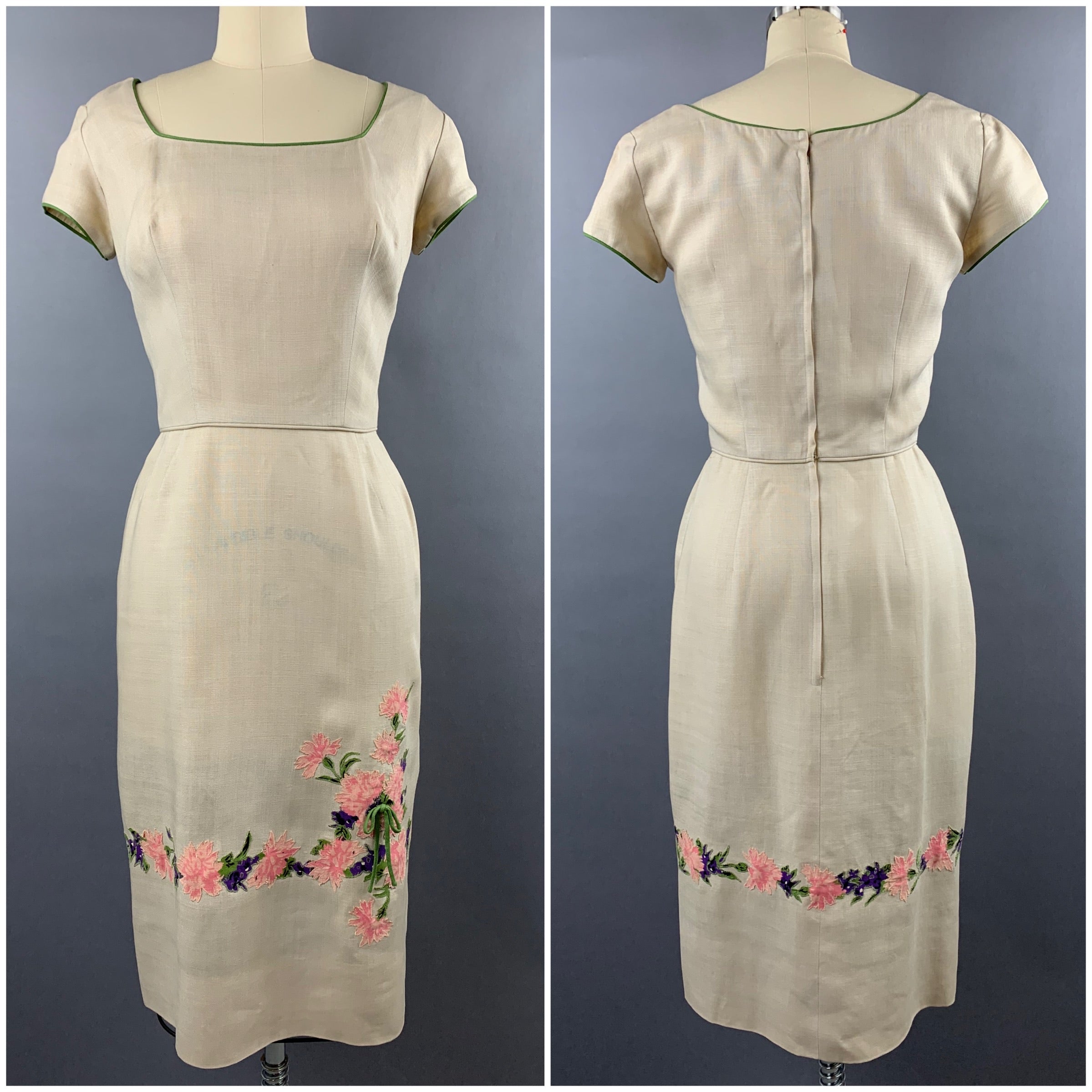 1950s Peggy Hunt Cream Linen Wiggle Dress with Carnation Applique Size S