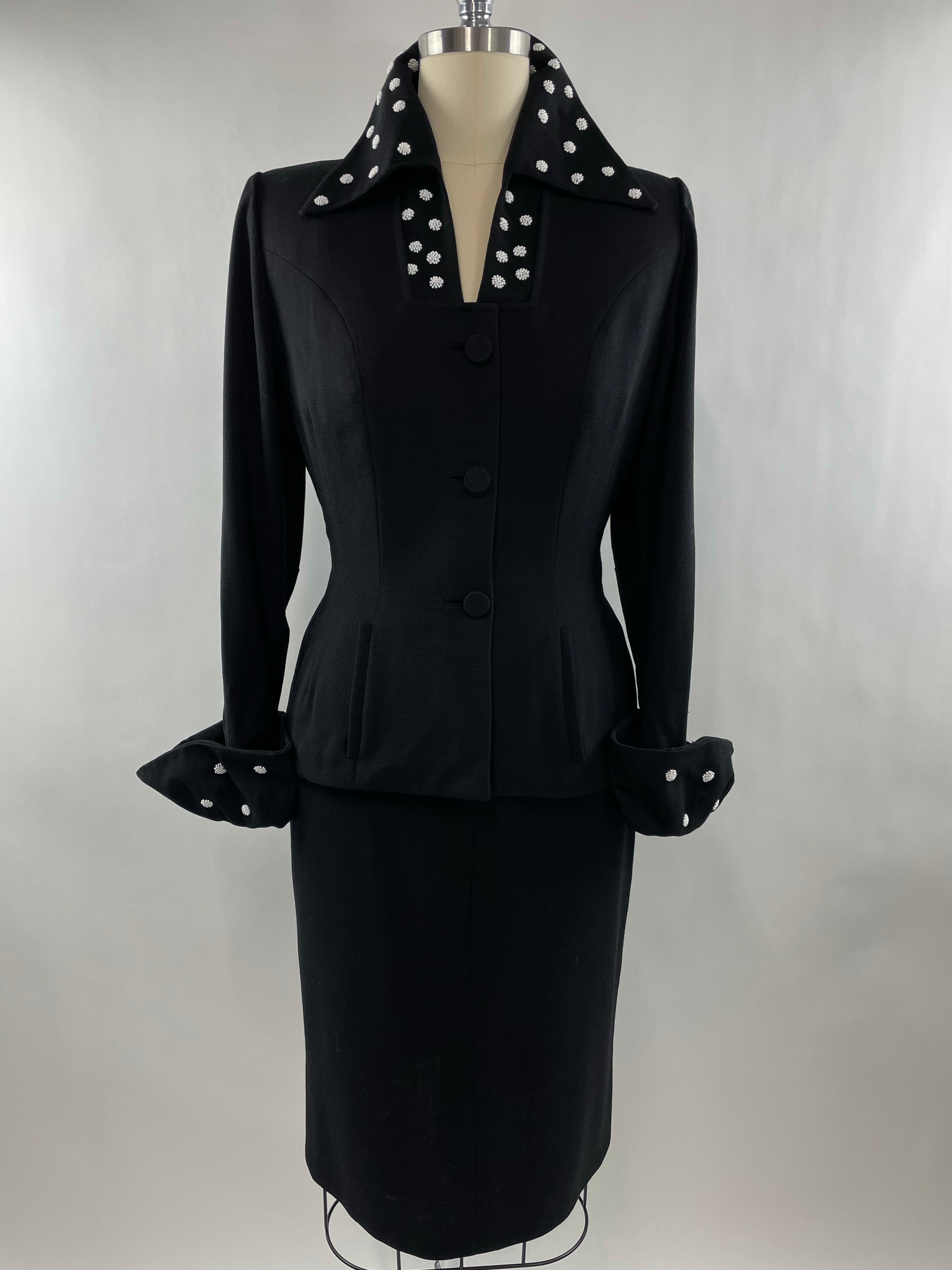 1950s Black Lilli Ann Skirt Suit with White Beading Size XL