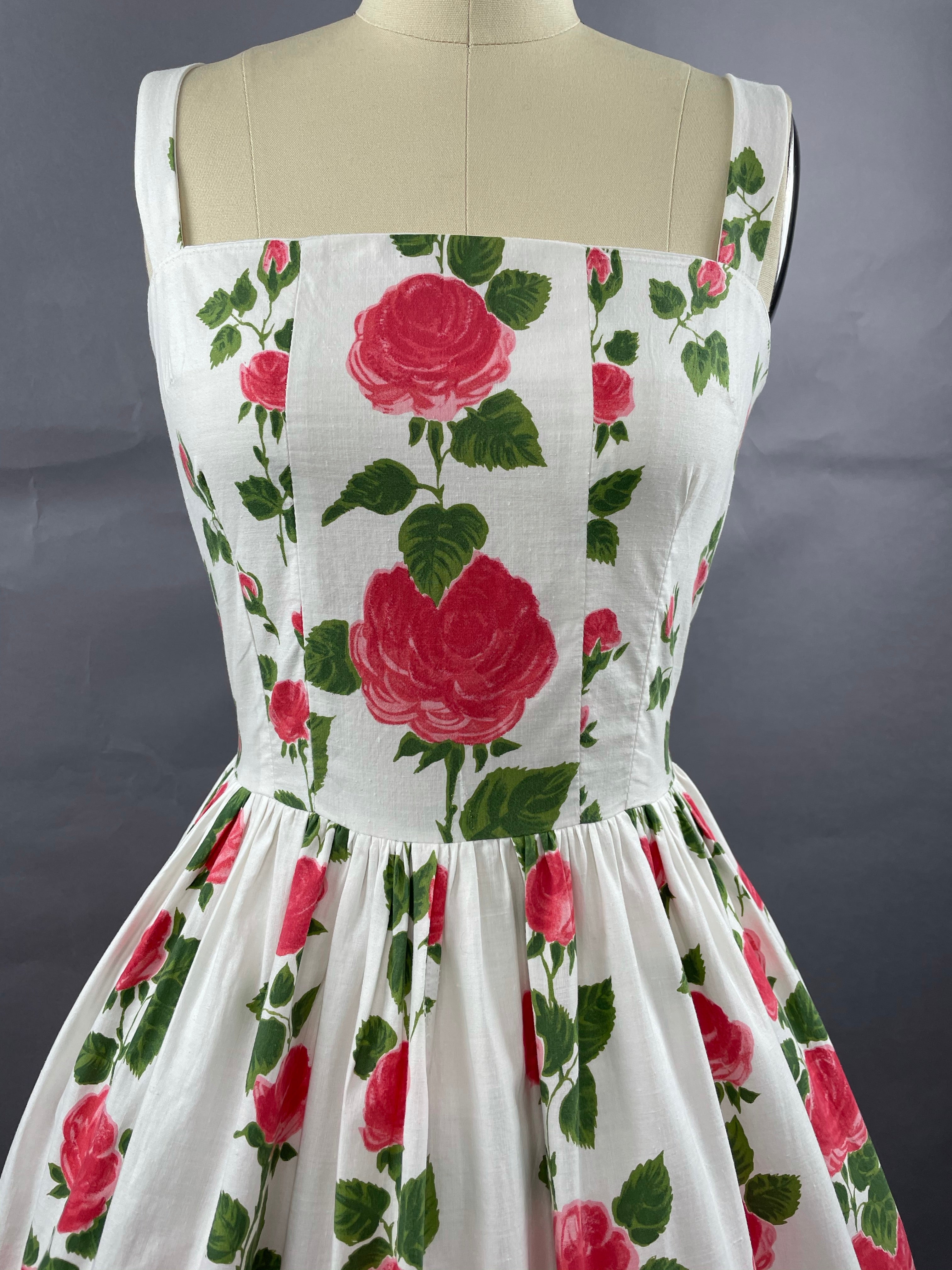 1950s Long Stemmed Rose Print Cotton Sundress Size S