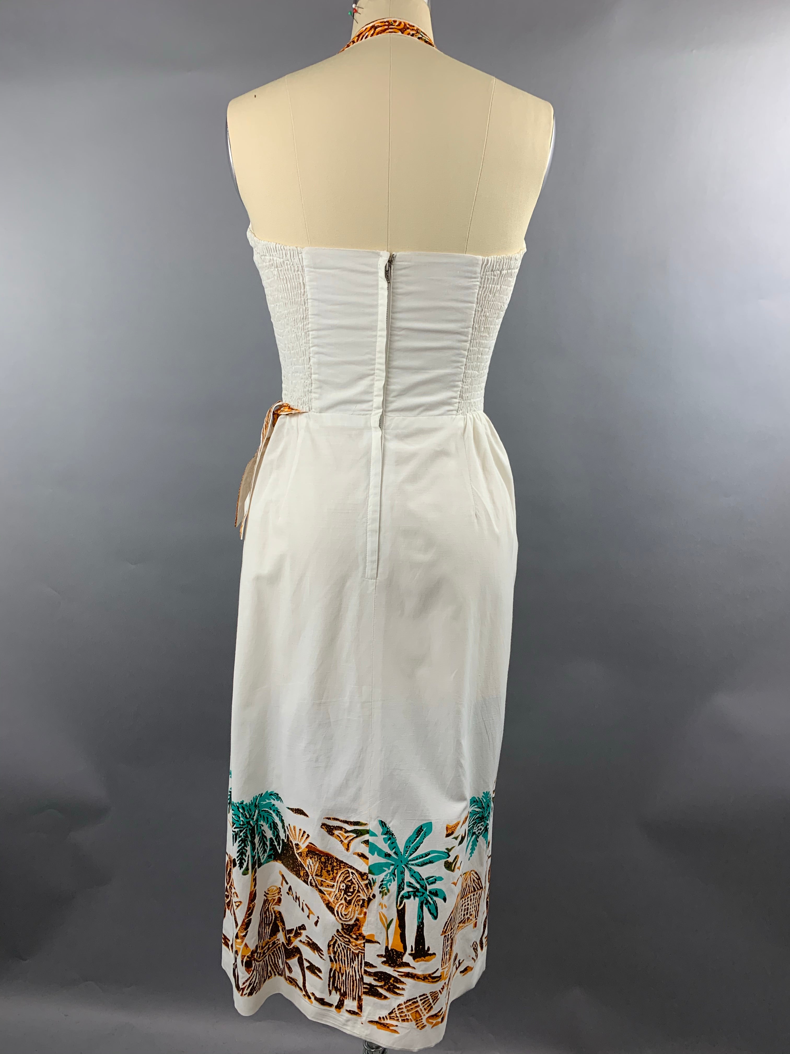 1950s Alfred Shaheen White Tahiti Border Print Sarong Dress Size XS Size S