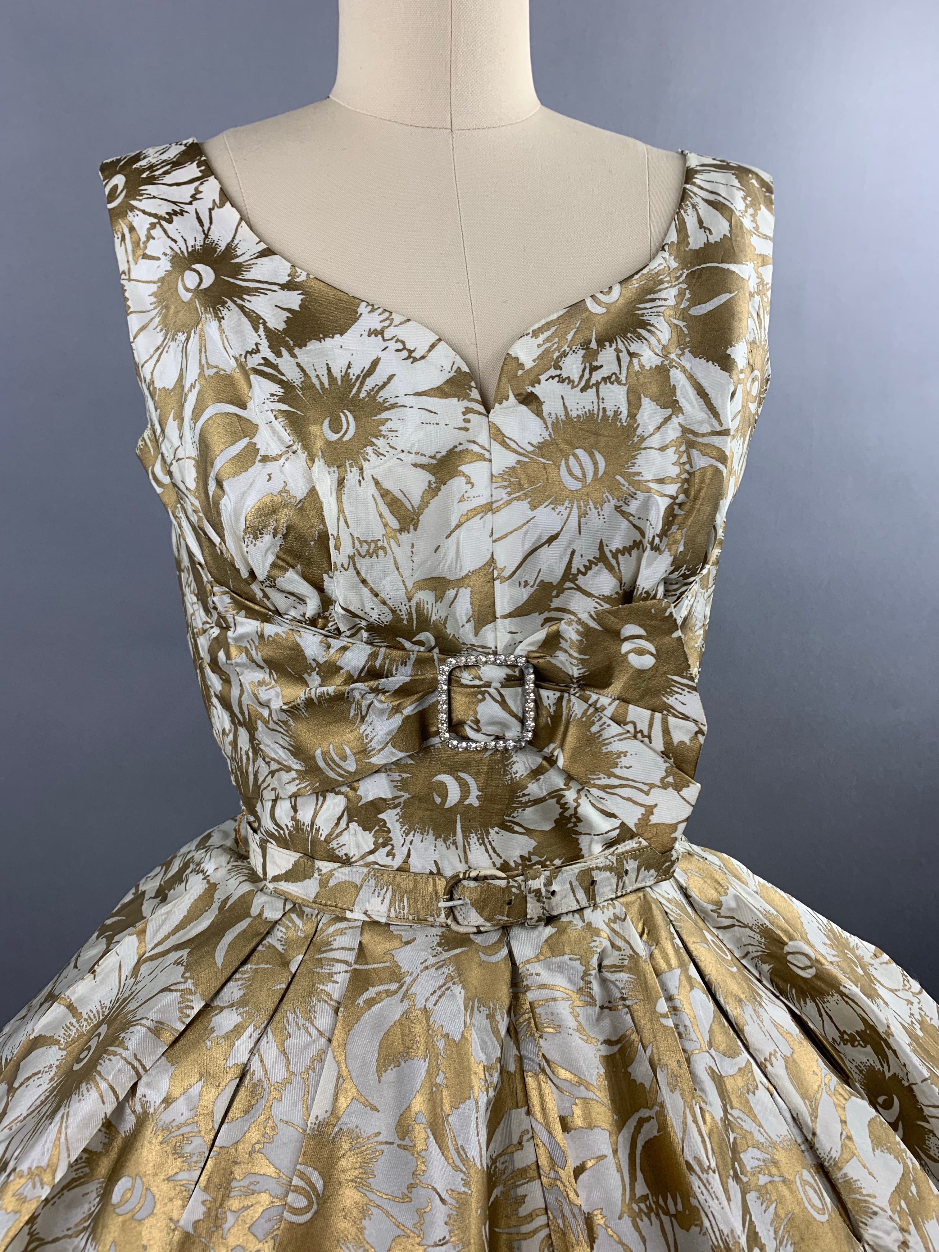 1950s Gold Floral Party Dress Size XS