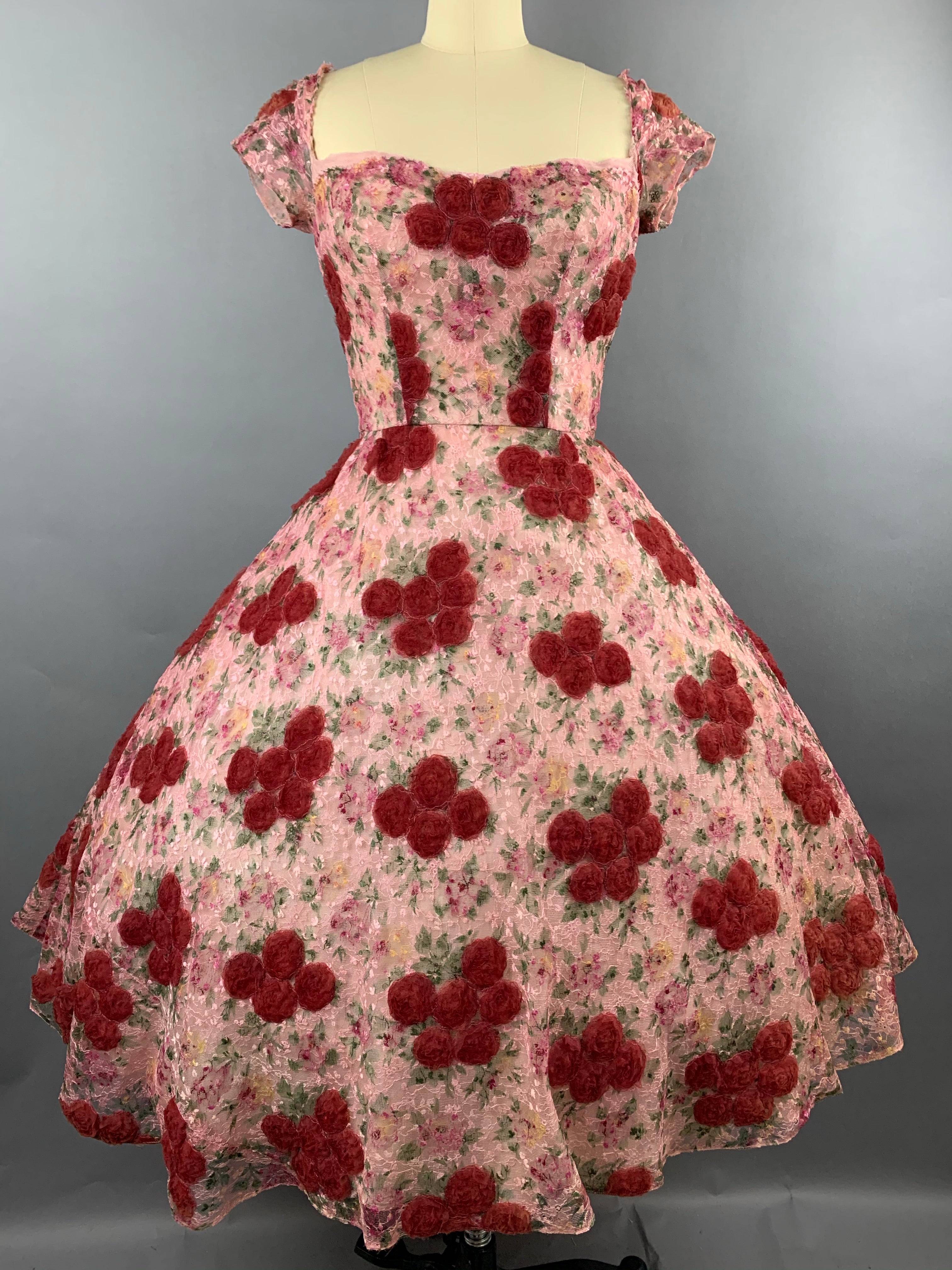 1950s Sylvia Rutkins 3D Red Roses Lace Party Dress Size S