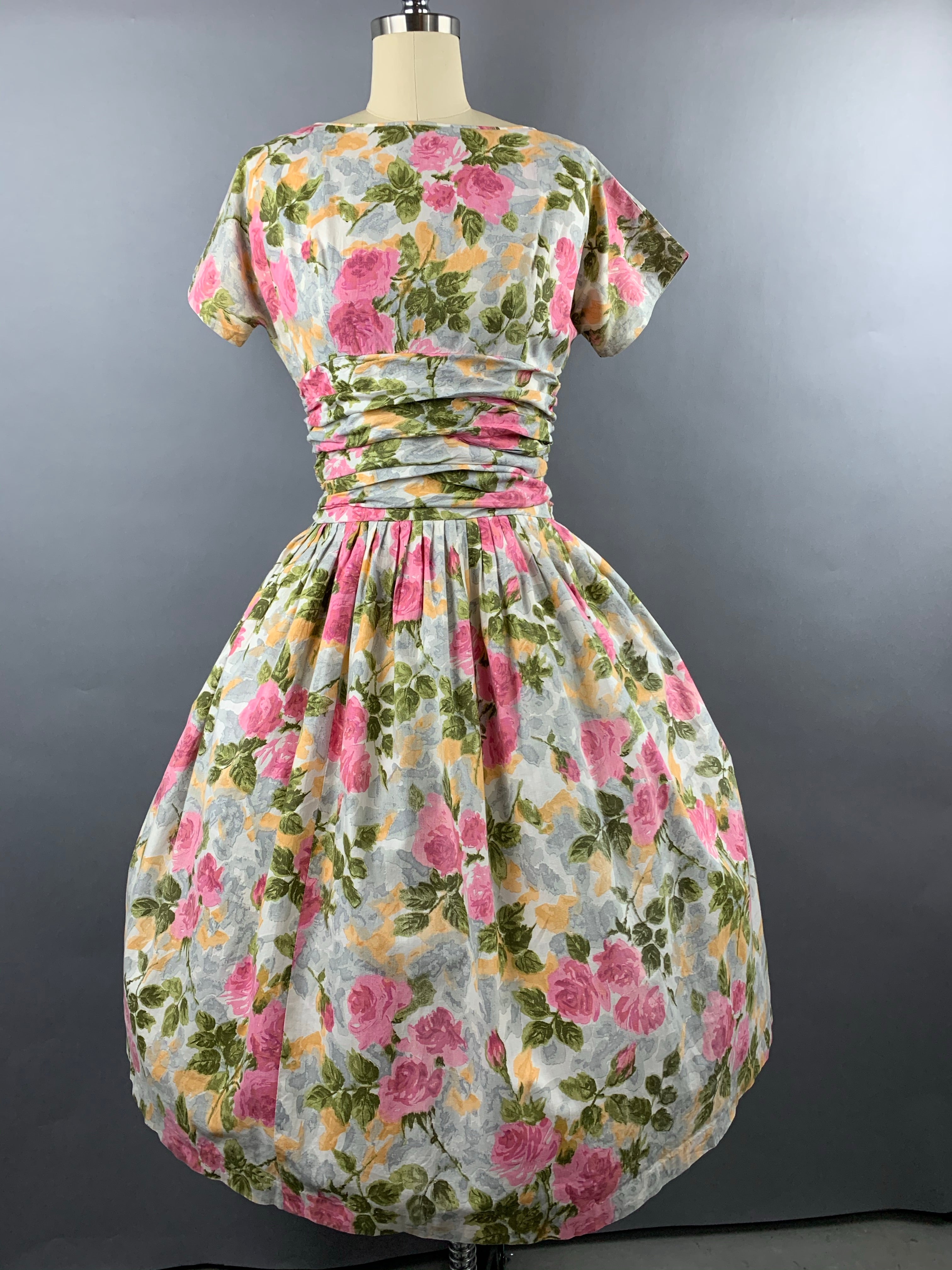 1950s Pink Roses Cotton Floral Dress Size M