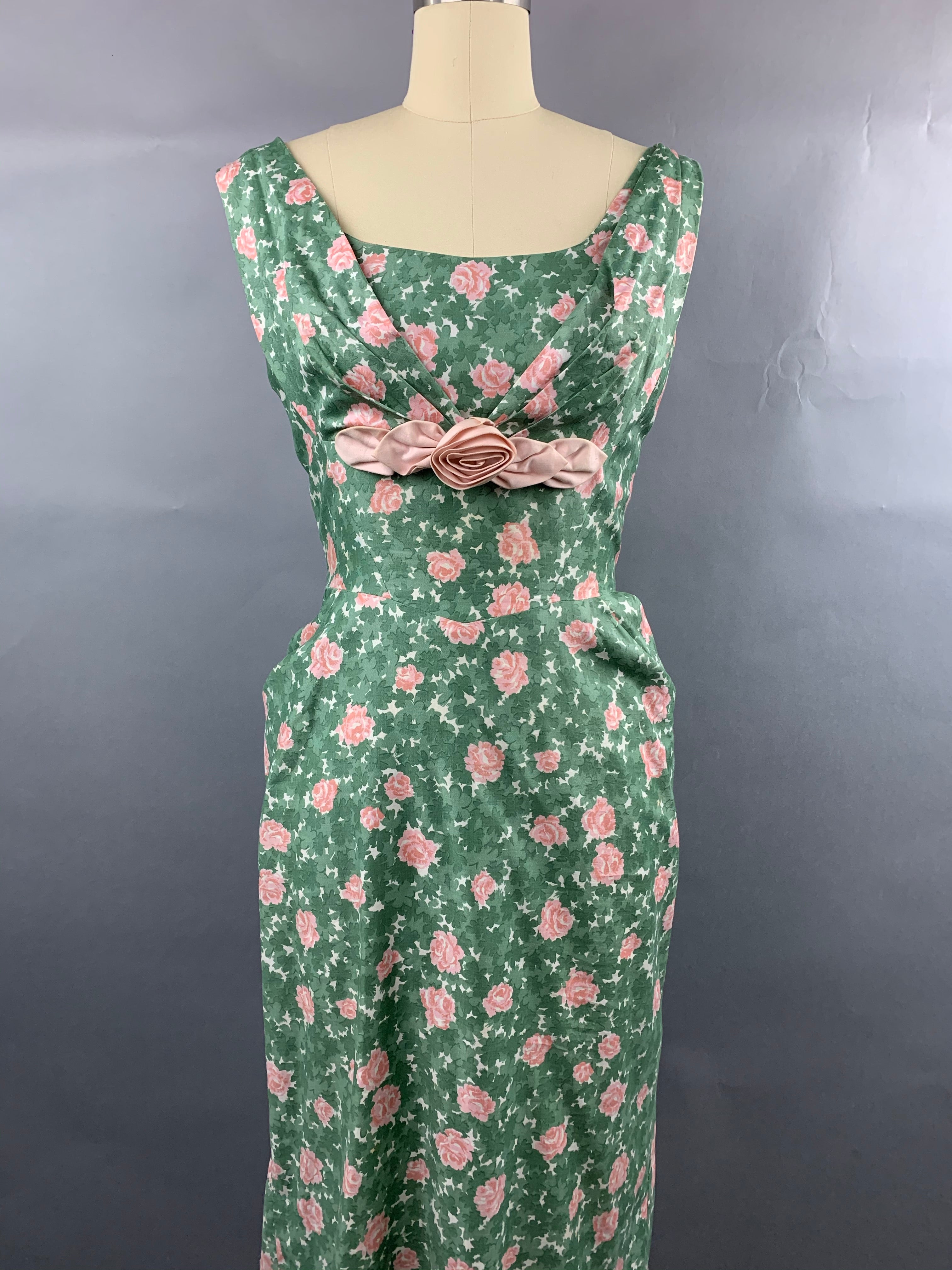 1950s Jeanette Alexander Green Cotton with Pink Roses Dress Size S