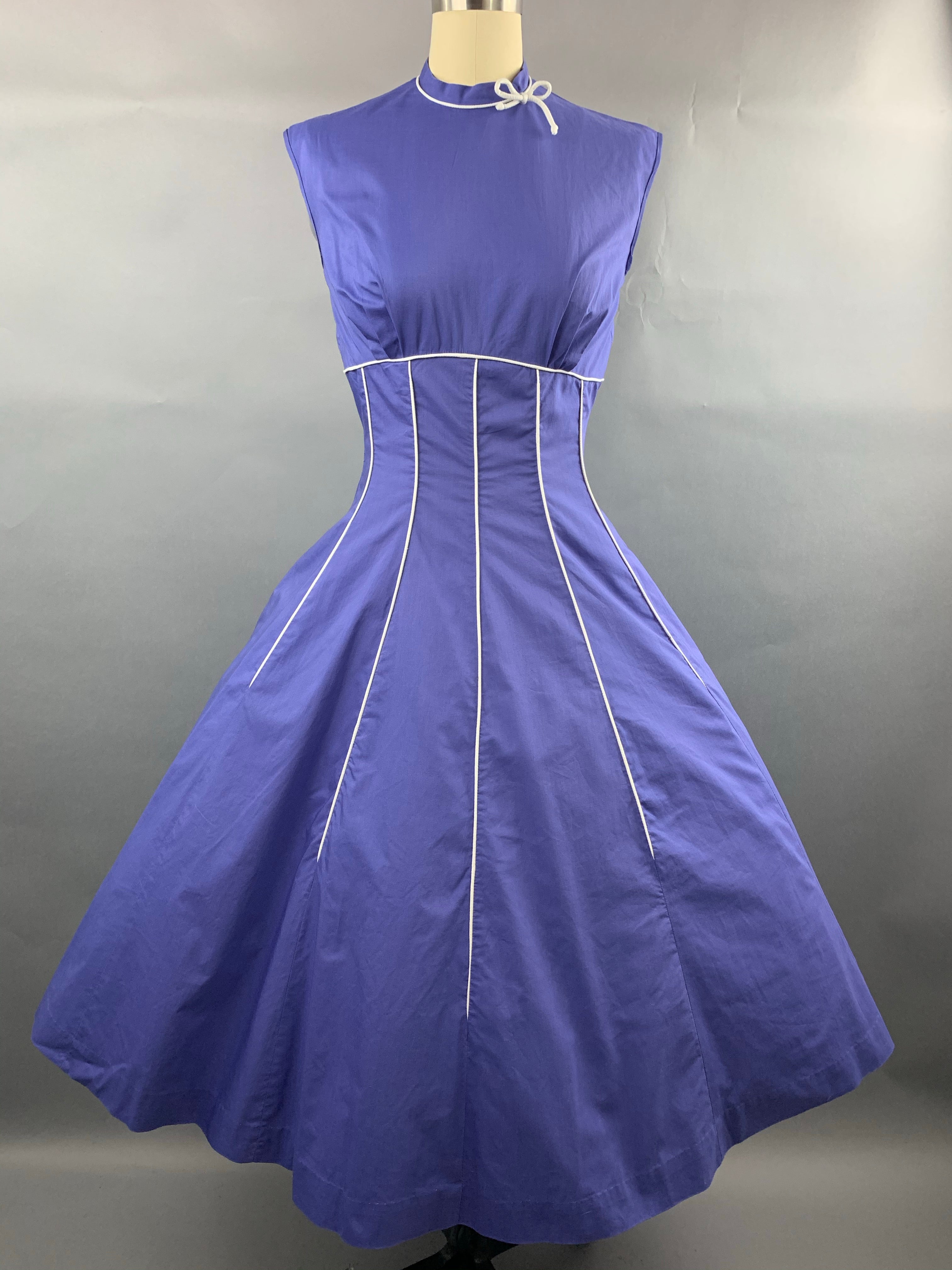 1950s Indigo Violet Blue Cotton Dress with White Piping Size S