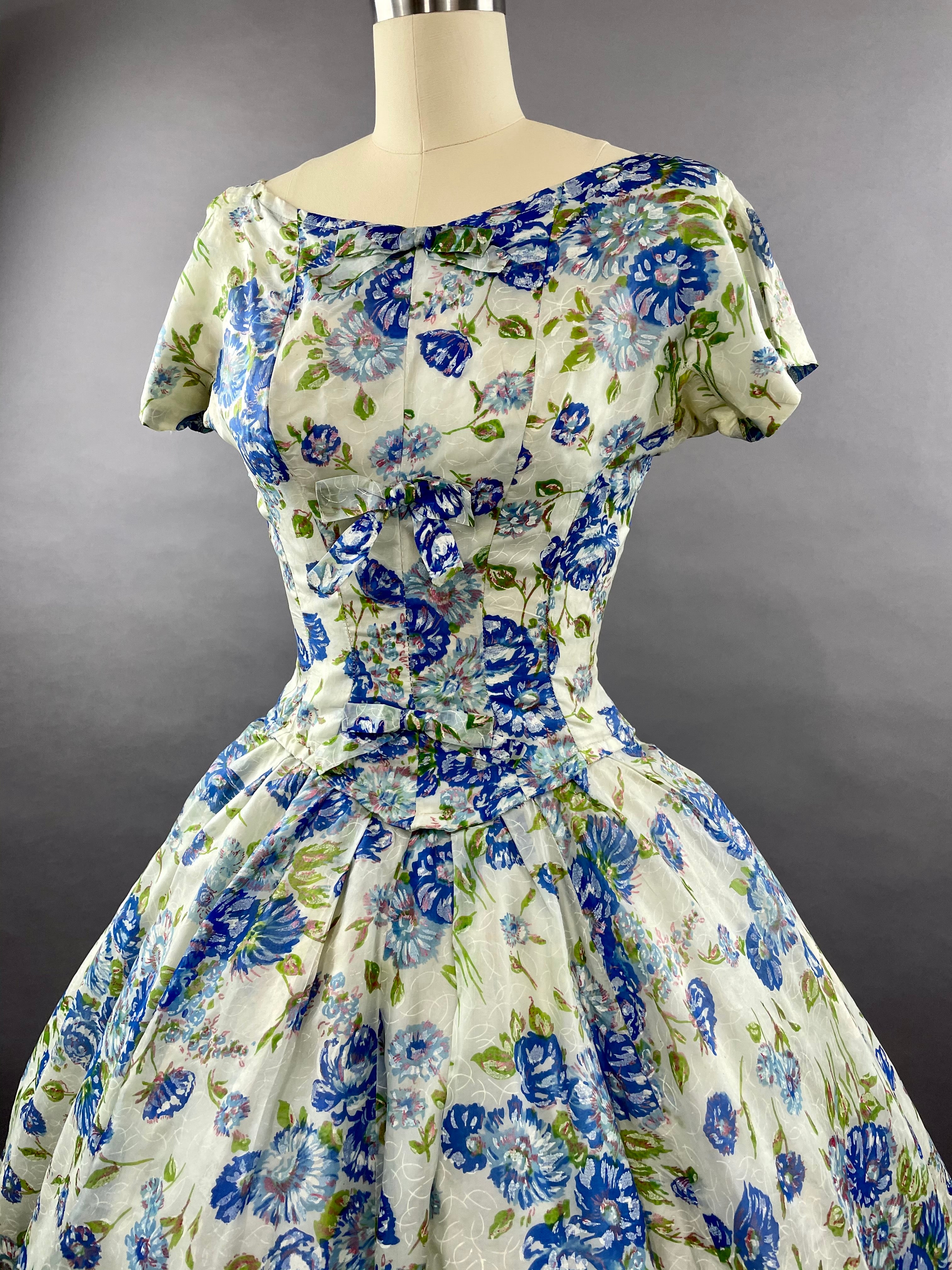 1950s Gigi Young Blue Floral Party Dress Size M