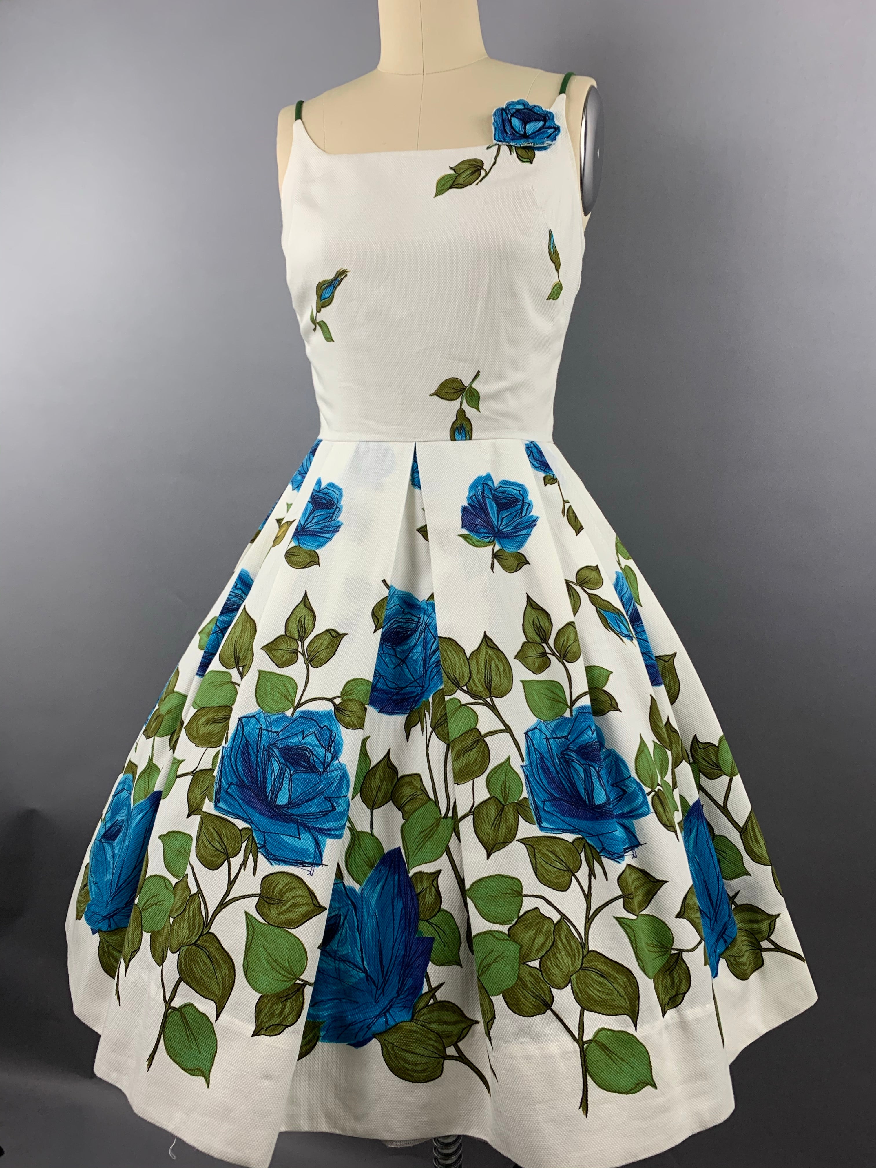 1950s “Co Jr” Blue Roses Fruit of the Loom Border Print Cotton Pique Dress Size XS