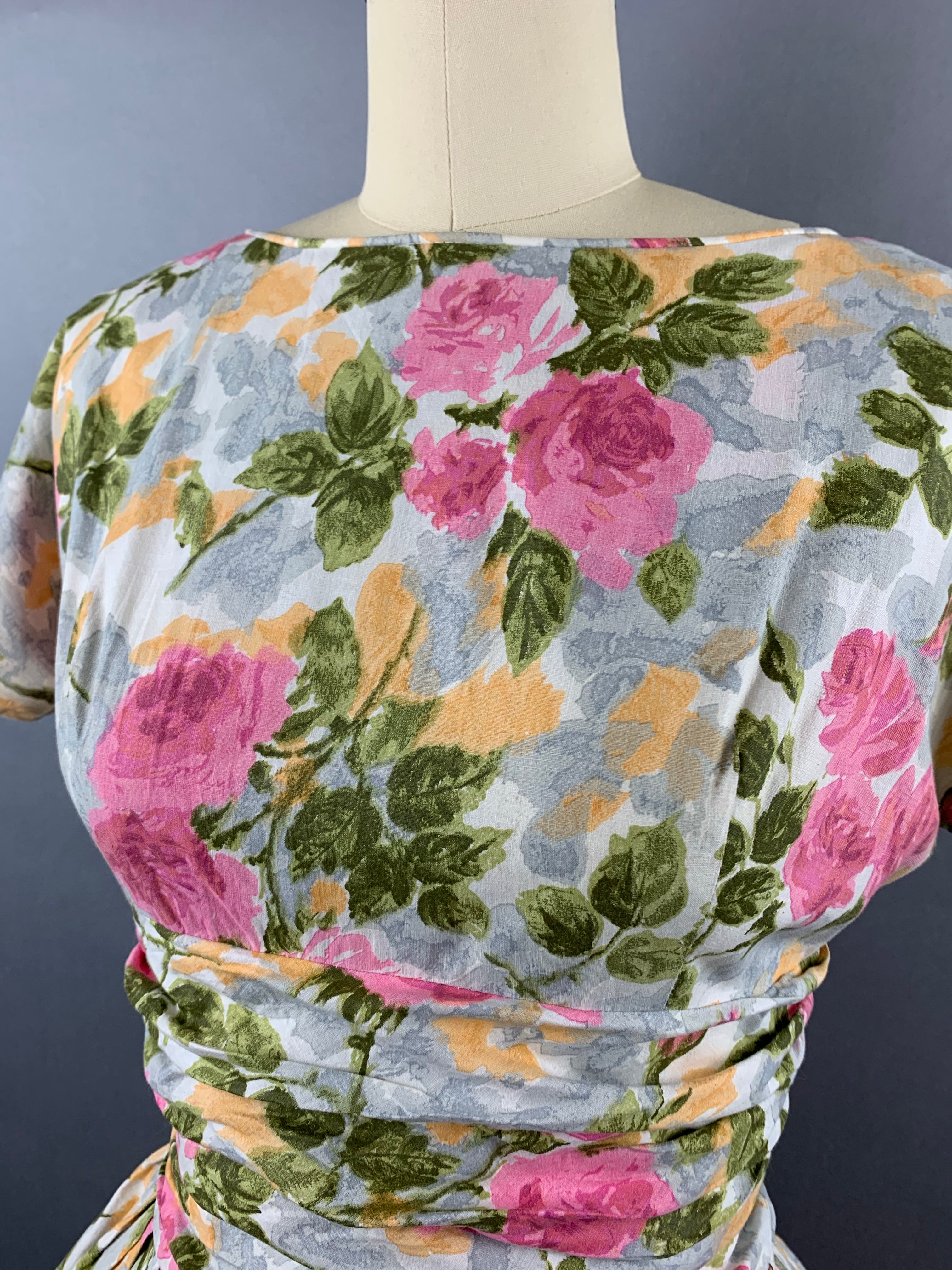 1950s Pink Roses Cotton Floral Dress Size M