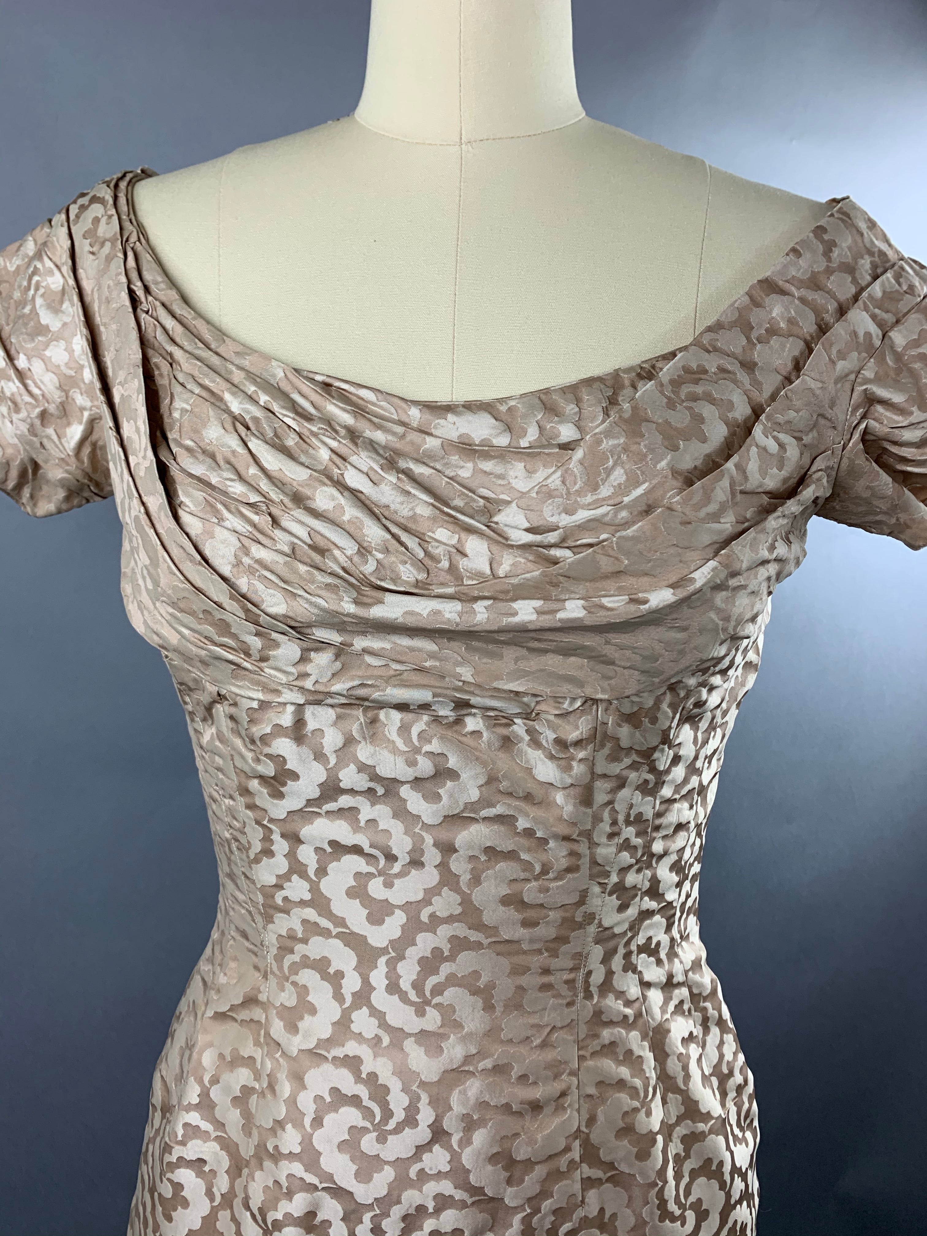 1950s Ceil Chapman beige gold silk-cotton wiggle dress Size S