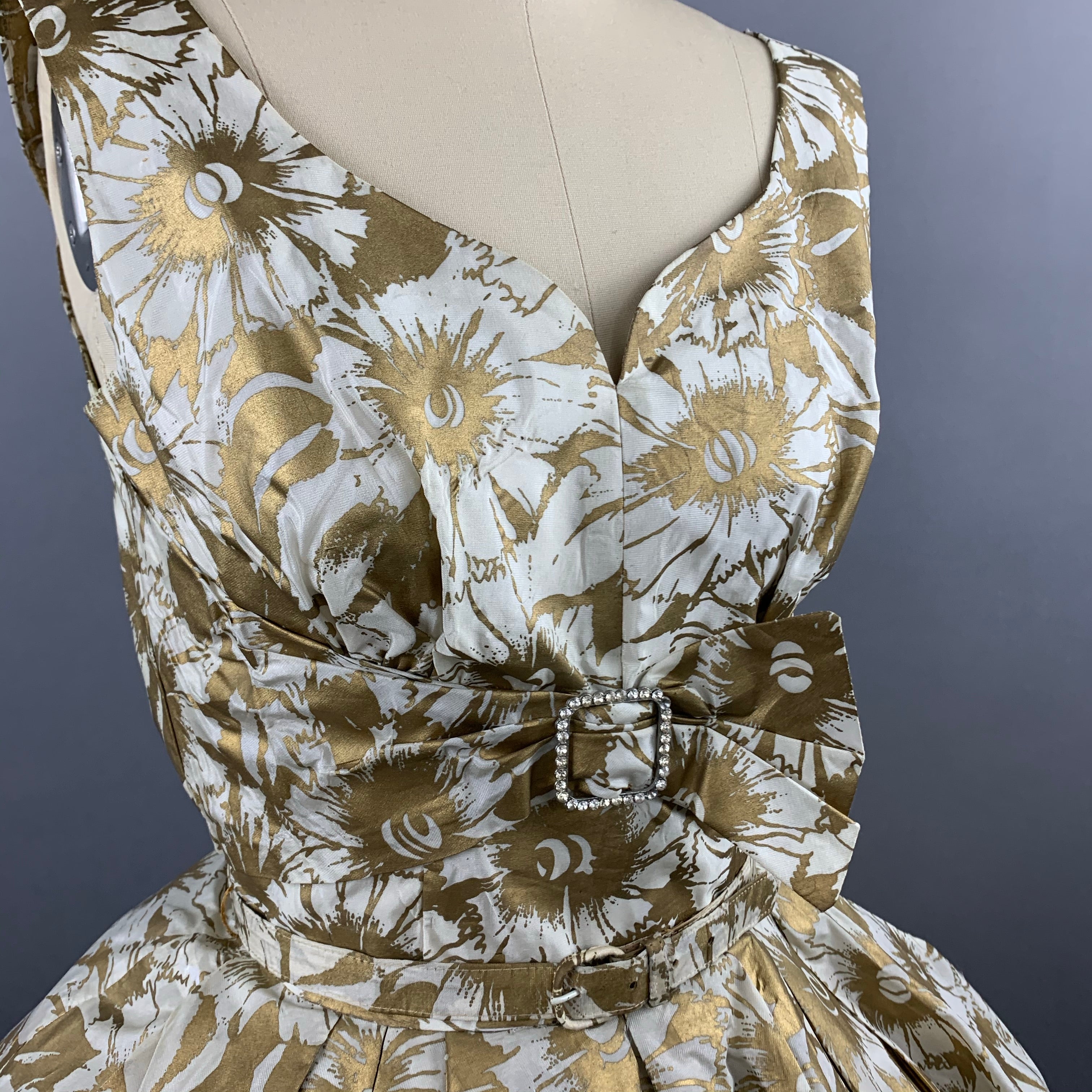 1950s Gold Floral Party Dress Size XS