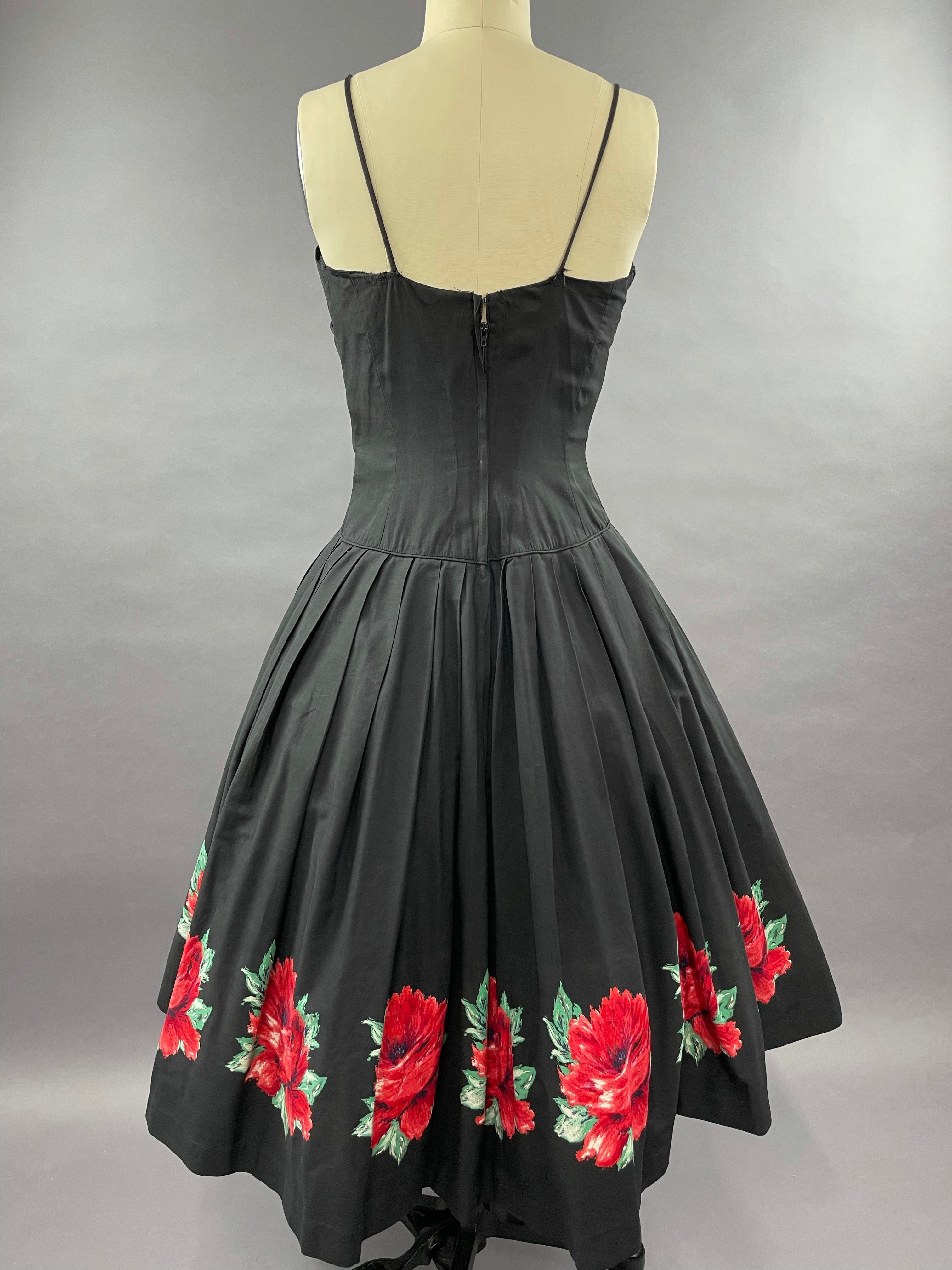 1950s Red Rose Border Print Dress Size S