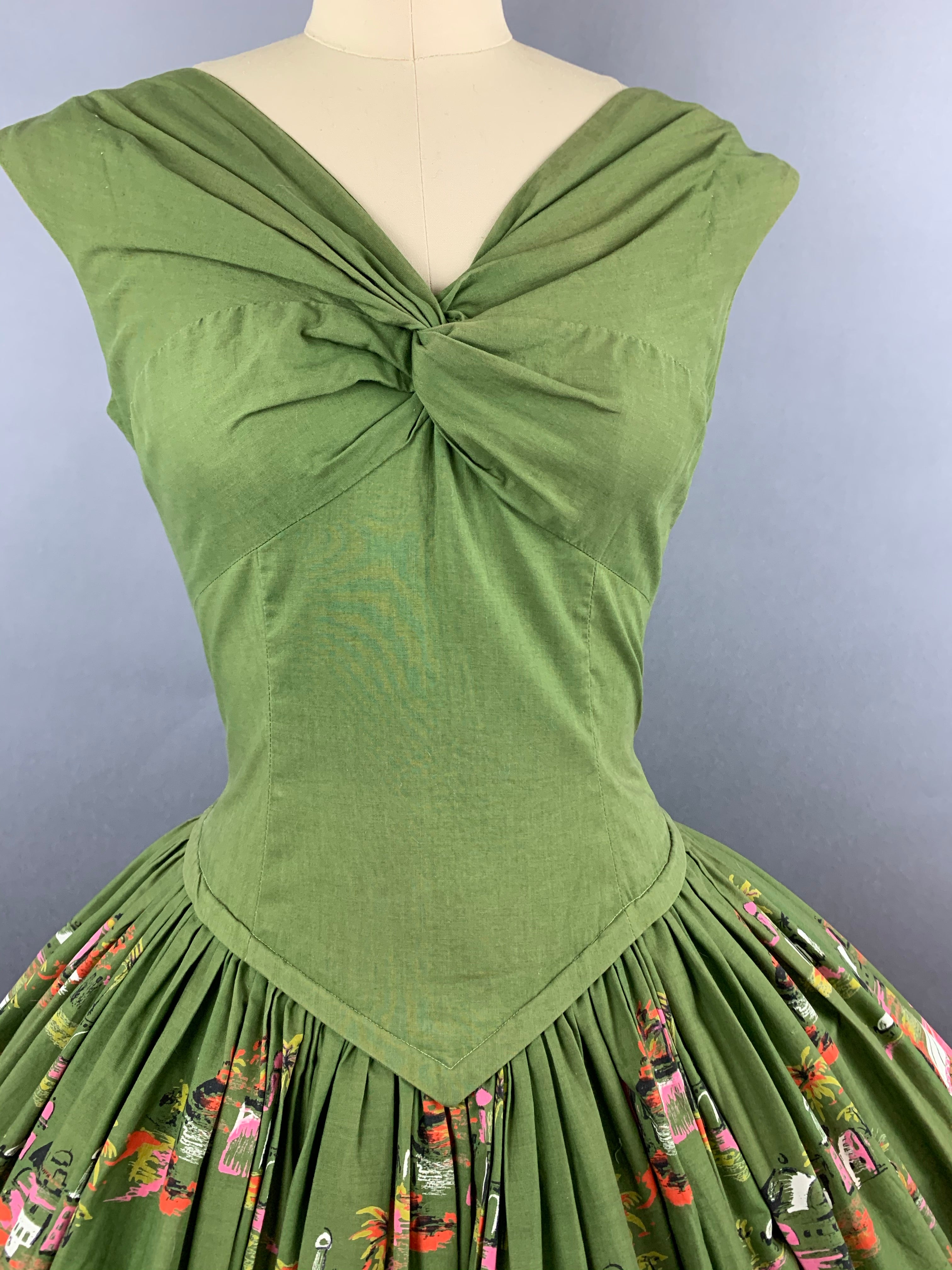 1950s Green Casbah Cotton Dress Size M