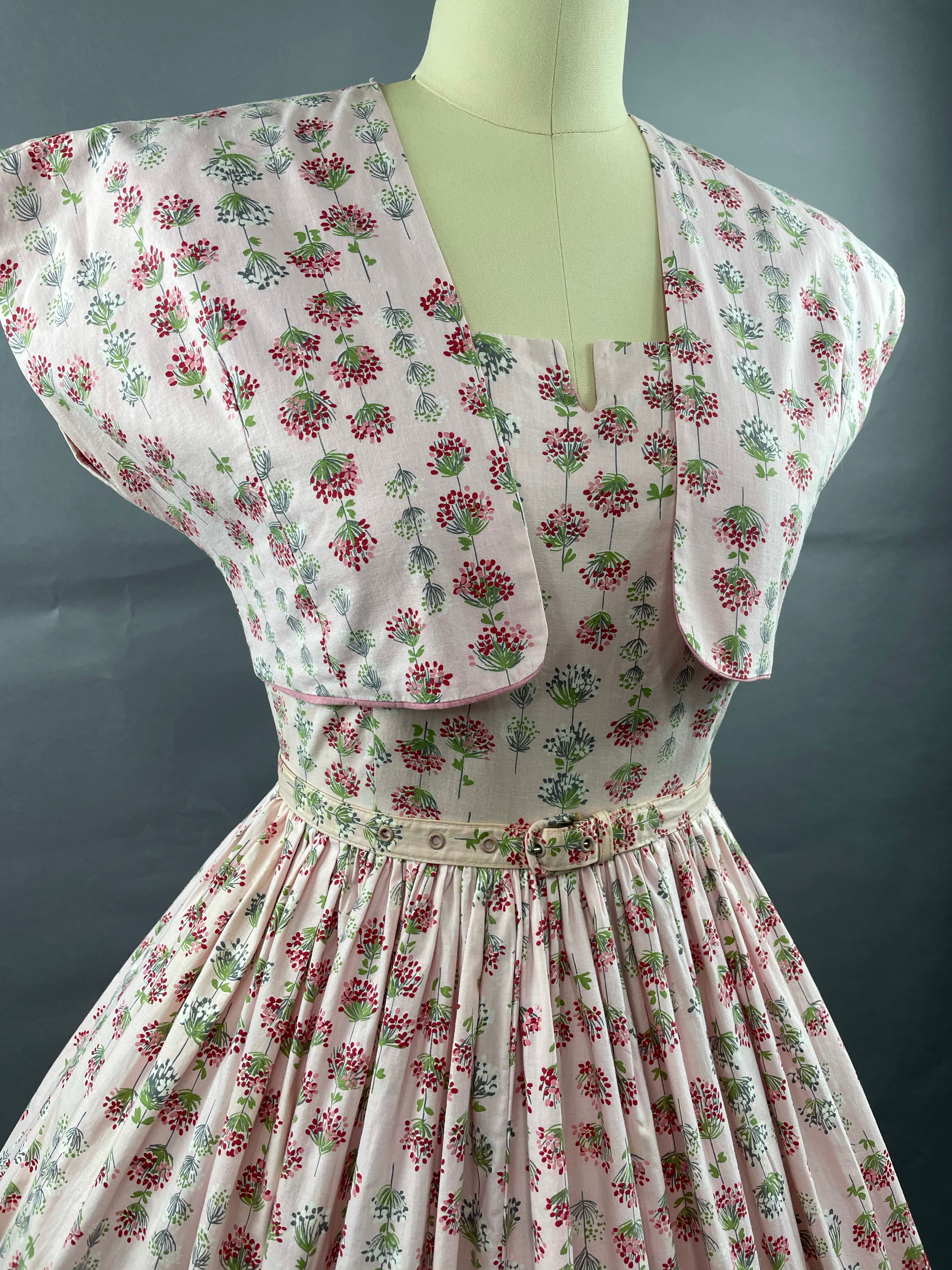 1950s Junior Vogues 3 piece Cotton Dress , Belt and Bolero Size M