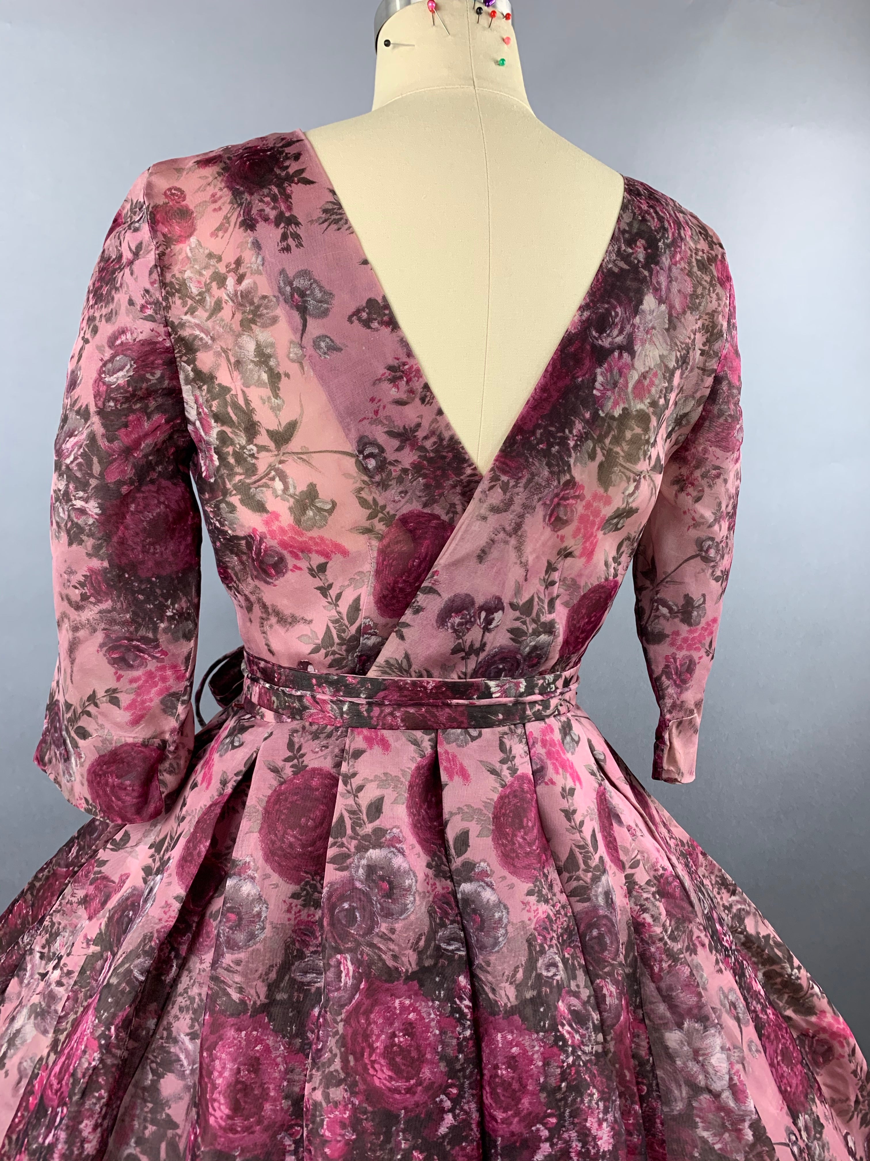 1950s Pink Roses Silk dress by Talmack John Moore New York Size M