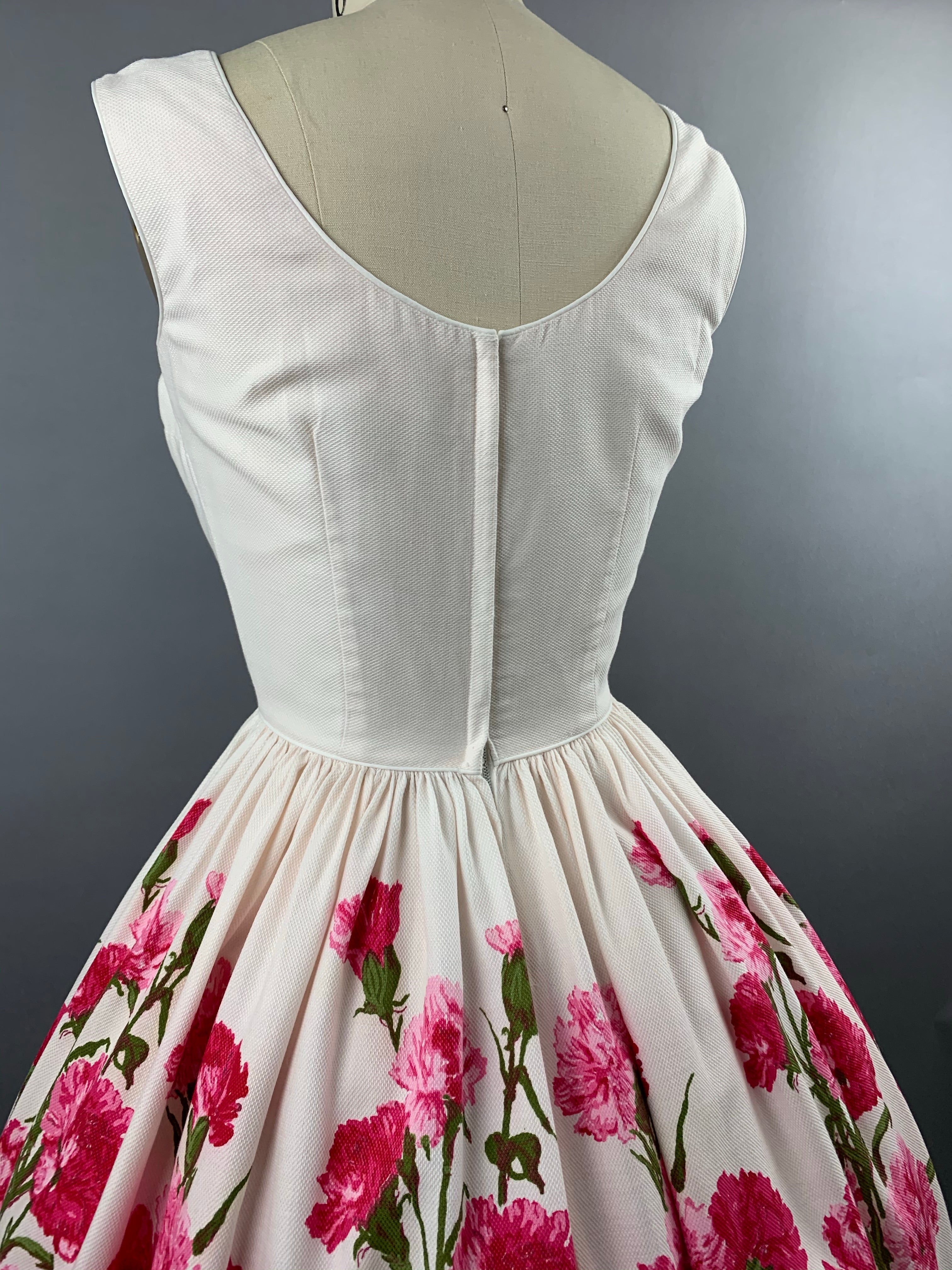 1950s Carnation Border Print Cotton Pique Dress Size S