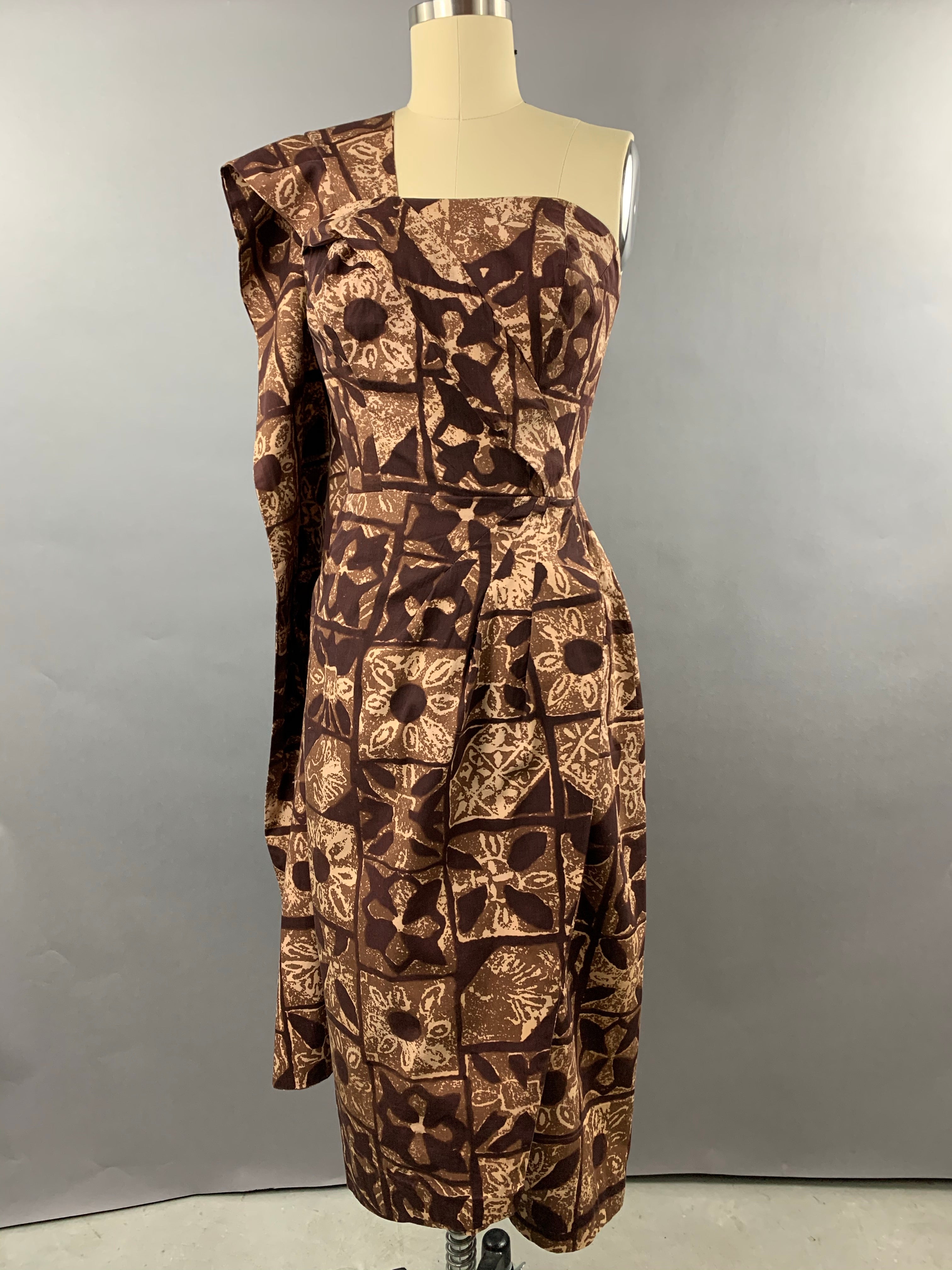 1950s Alfred Shaheen Cotton Tapa Dress and Waterfall Shawl Size XS