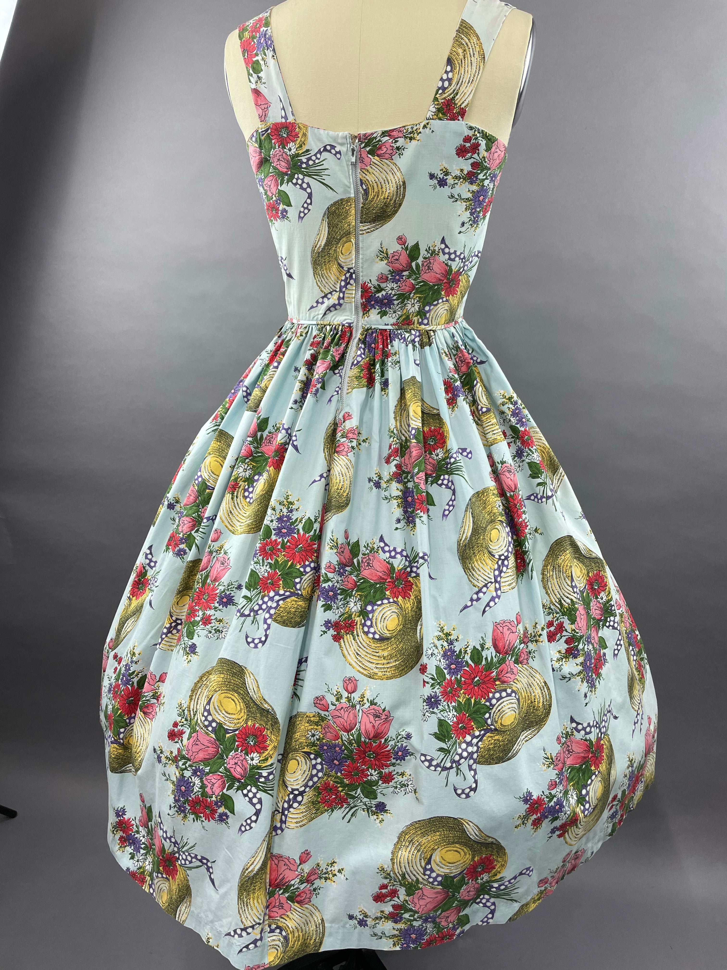 1950s Hats Novelty Print Cotton Dress Size M