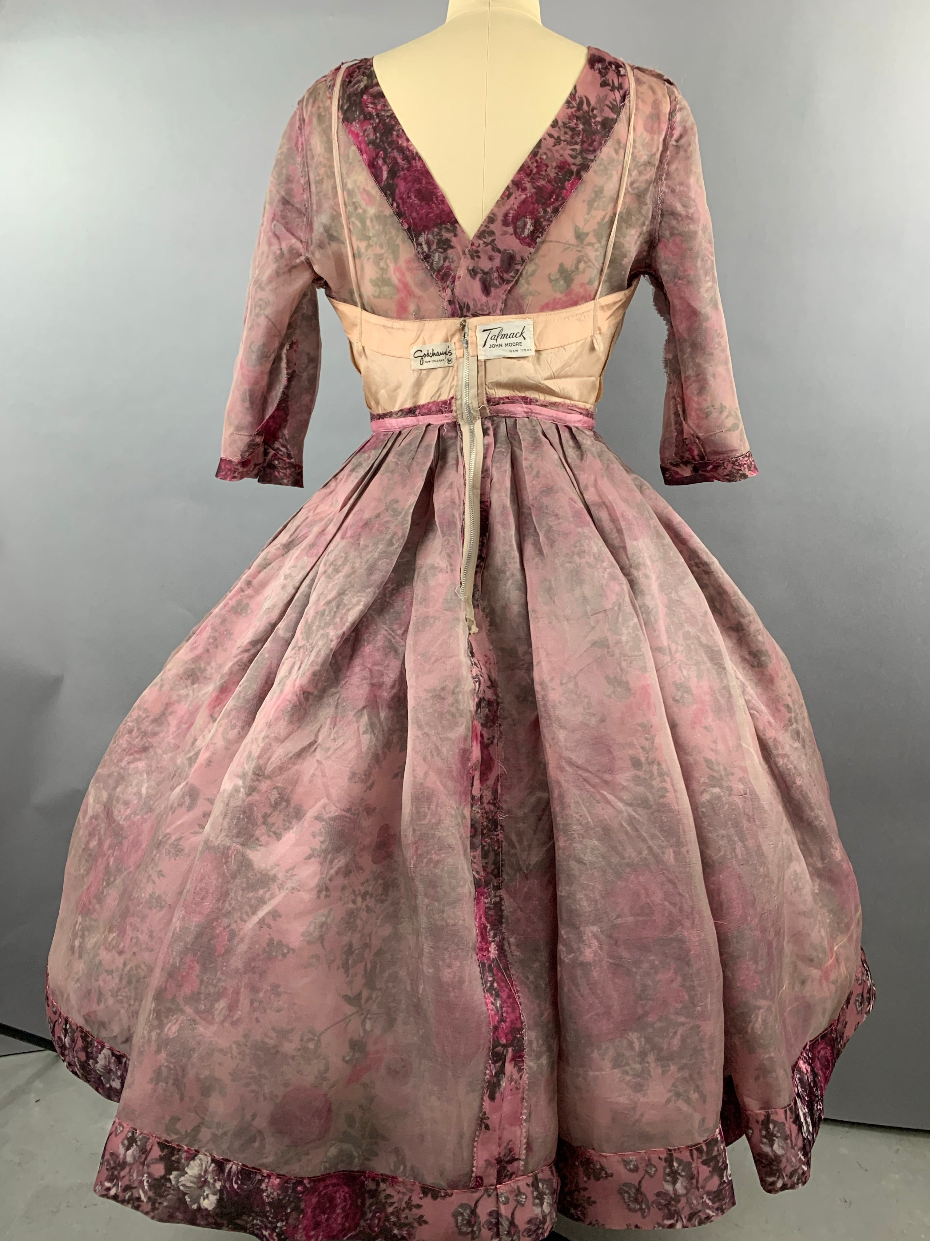 1950s Pink Roses Silk dress by Talmack John Moore New York Size M