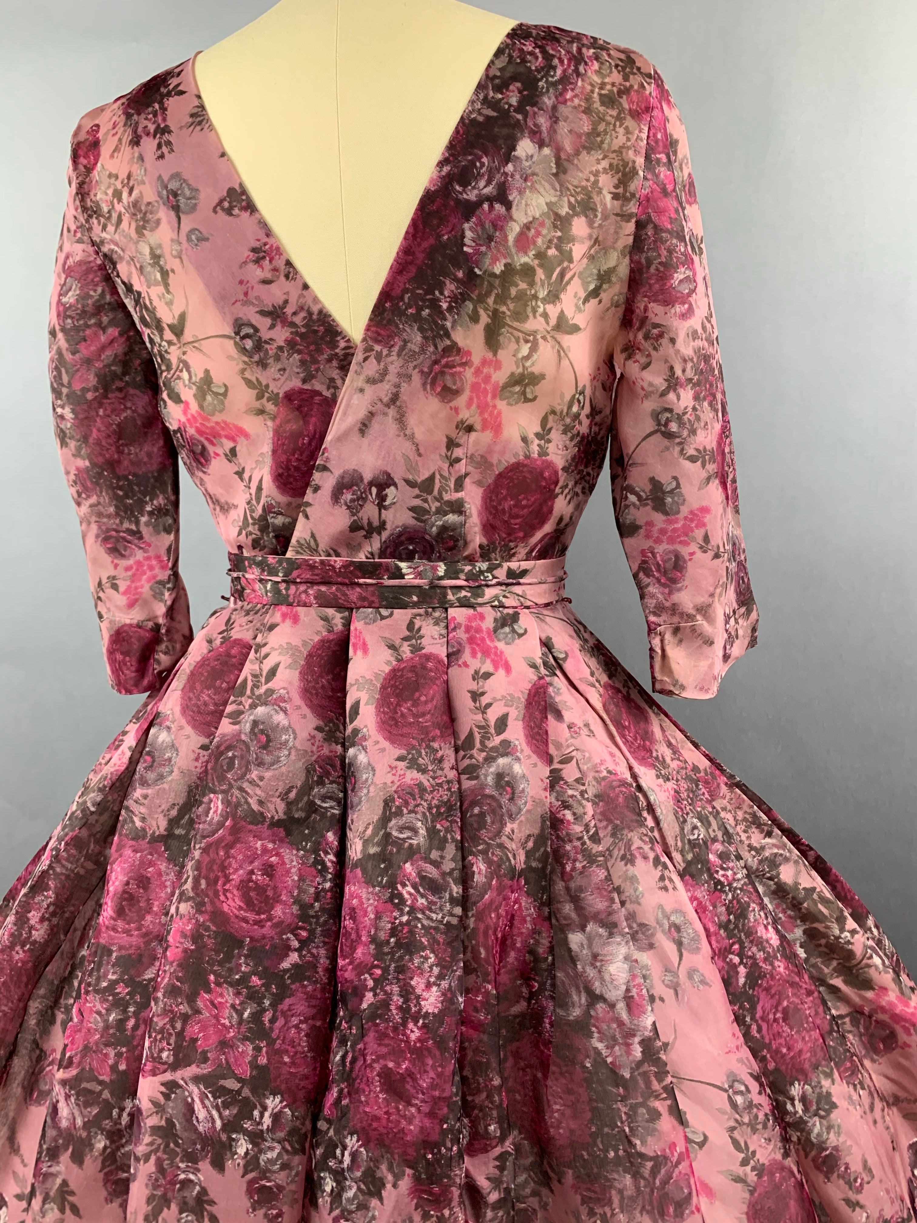 1950s Pink Roses Silk dress by Talmack John Moore New York Size M