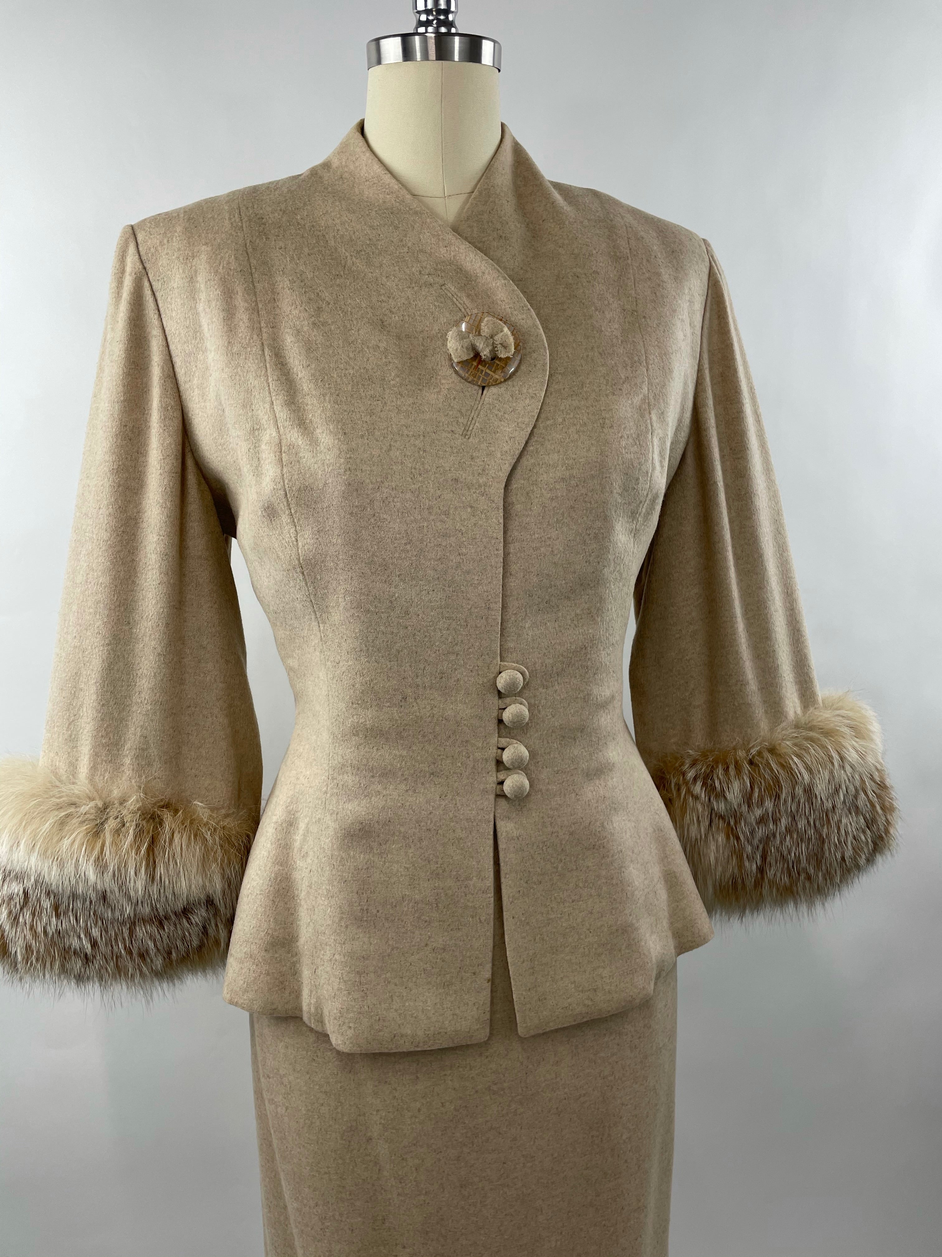 1950s Cream Cashmere & Fox Lilli Ann Cape Suit Size L