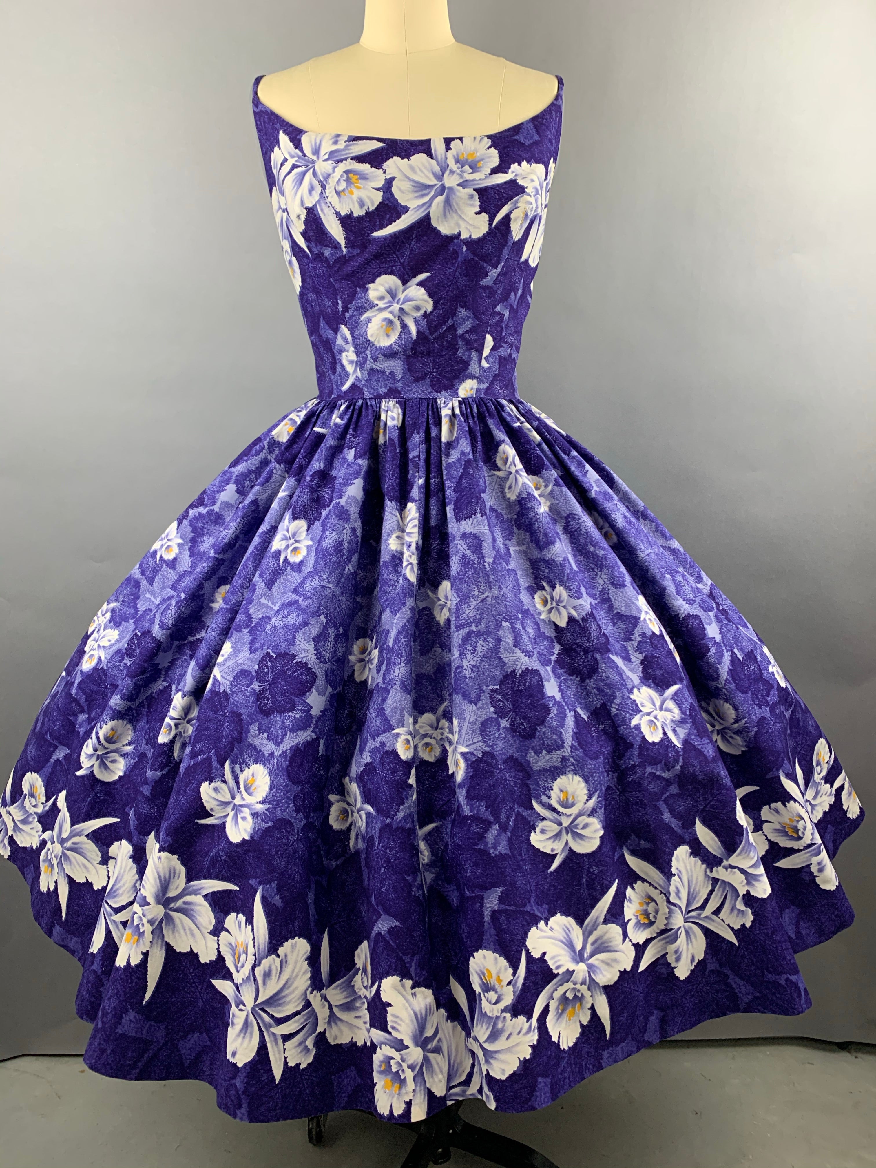 1950s Kamehameha Blue-Purple Orchid Cotton Hawaiian Dress Size M