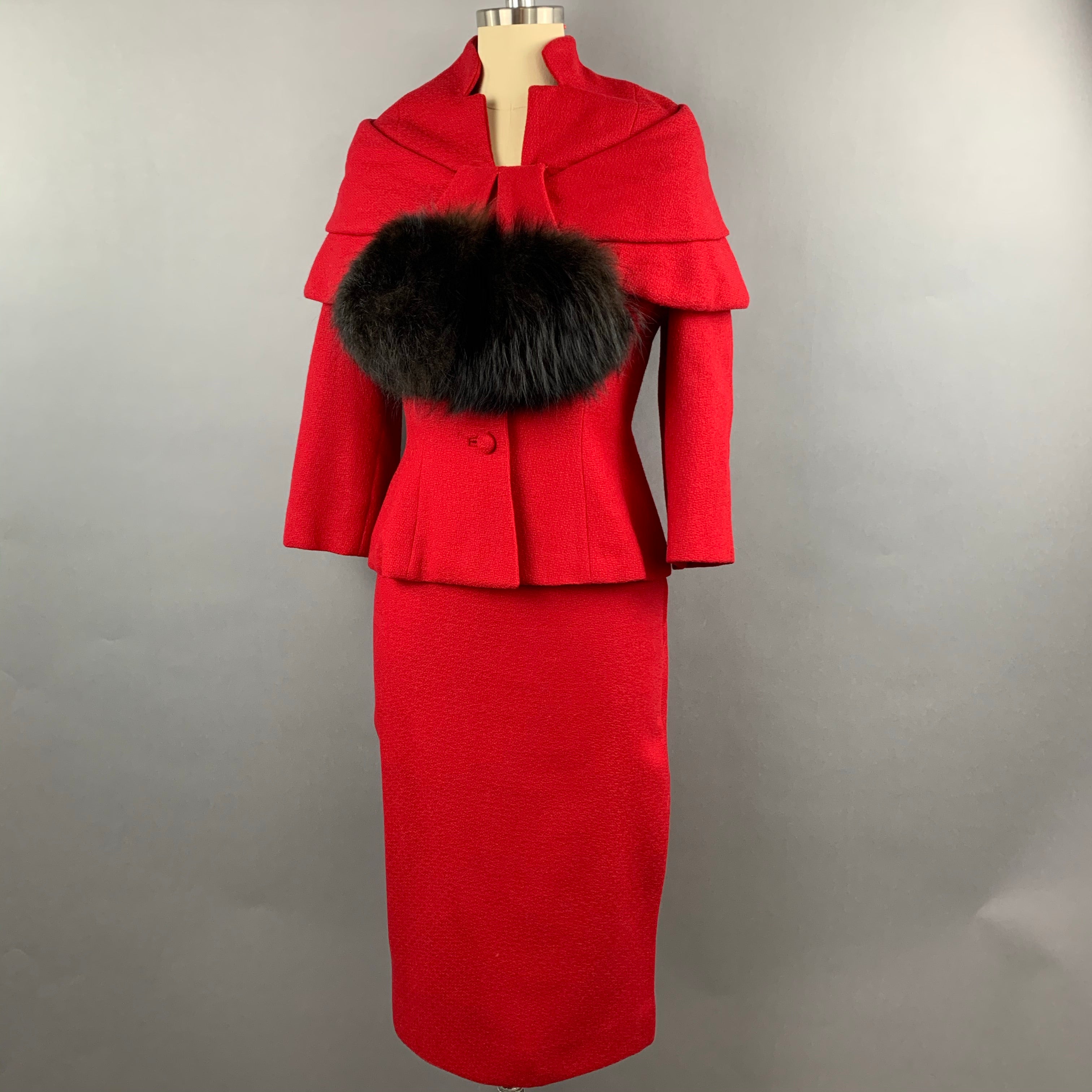 1950s Lilli Ann Red Wool Suit with Black Fox Collar Size S