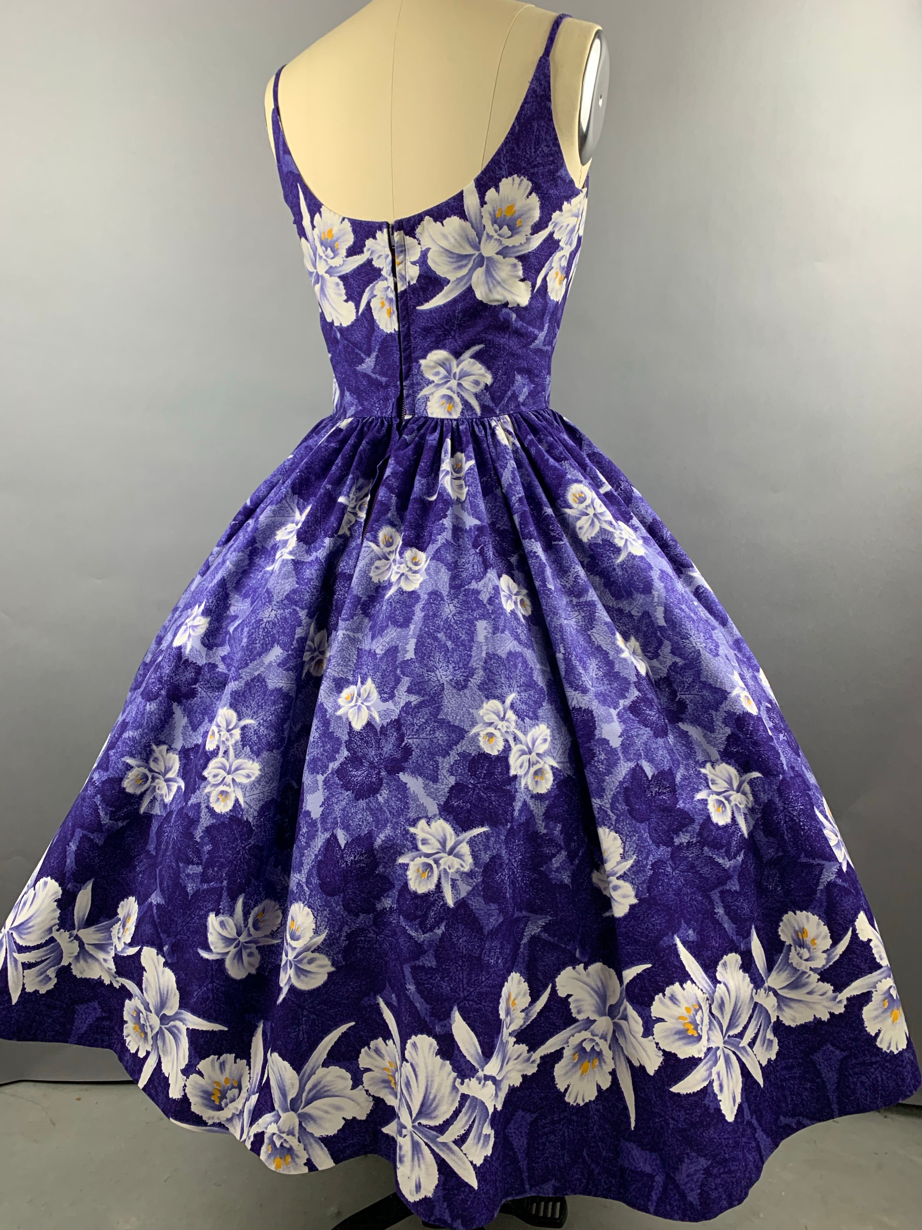 1950s Kamehameha Blue-Purple Orchid Cotton Hawaiian Dress Size M